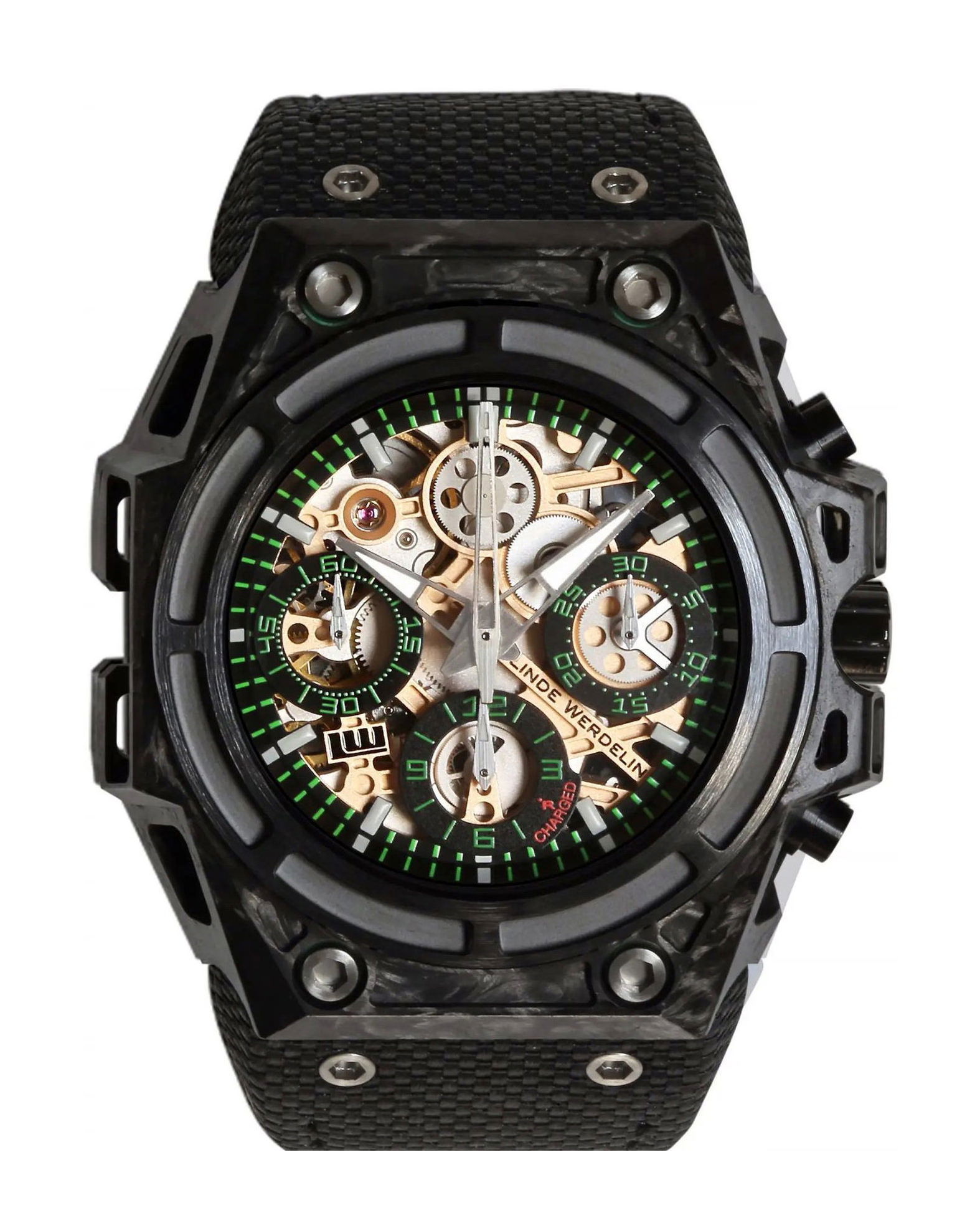 Linde Werdelin Spidospeed Carbon Green – 3D Movement luxury timepiece - detailed view