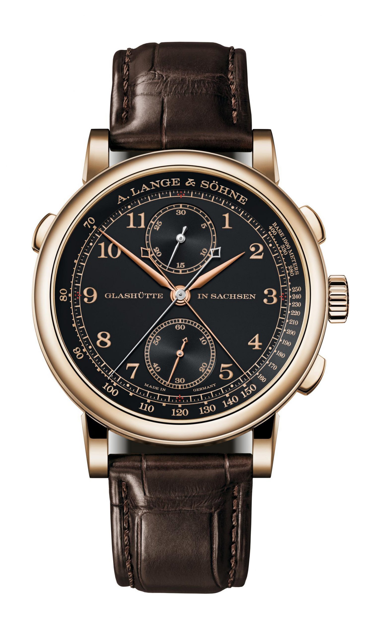 A Lange and Sohne 1815 Rattrapante Honeygold “Homage to F. A. Lange” watch