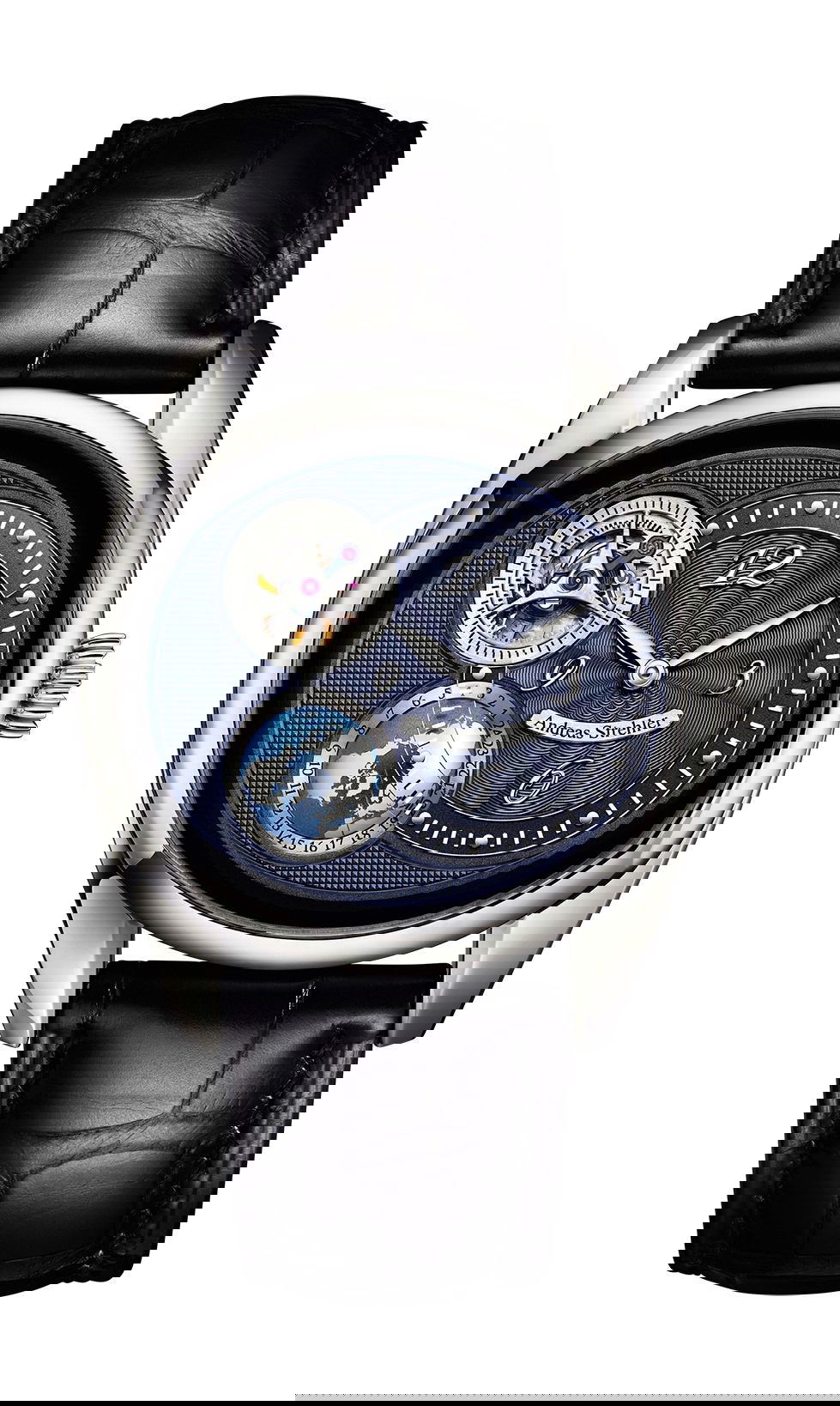 Andreas Strehler Sauterelle à Heure Mondiale Platinum Blue luxury timepiece - detailed view