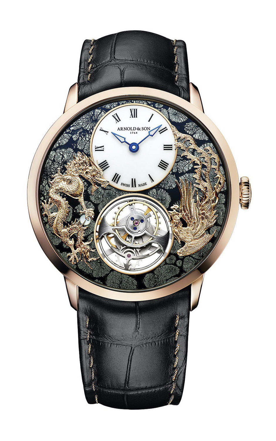 Arnold & Son Ultrathin Tourbillon Red Gold Dragon & Phoenix Marcassite luxury timepiece - detailed view