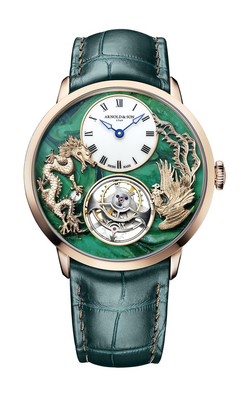 Arnold & Son Ultrathin Tourbillon Red Gold Dragon & Phoenix Verdite luxury timepiece - detailed view