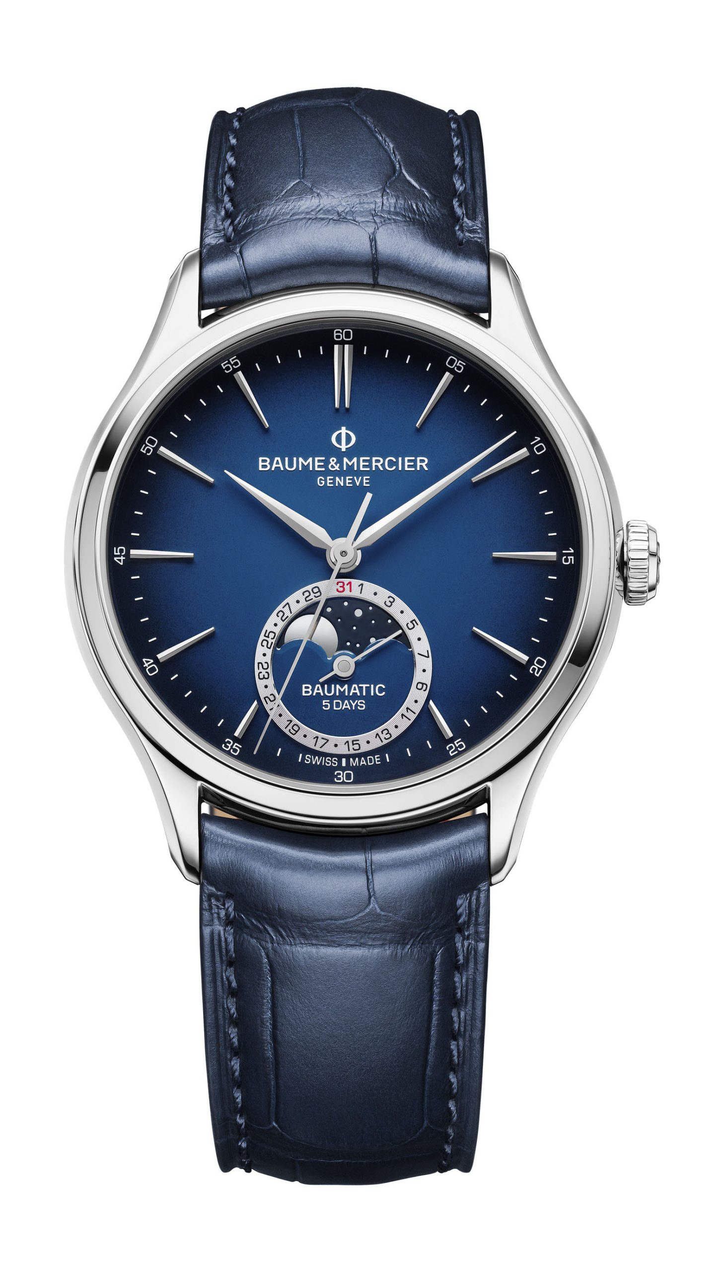Baume & Mercier Clifton Baumatic Moon Phases luxury timepiece - detailed view