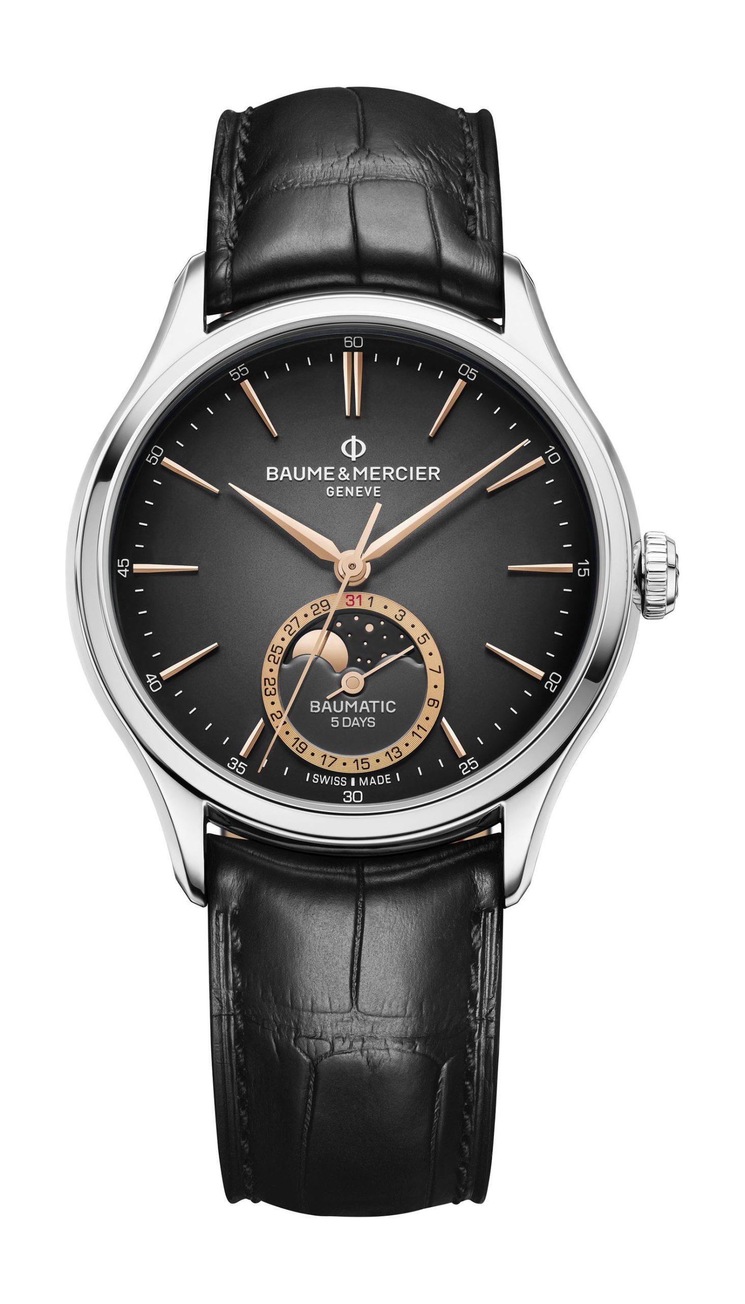 Baume & Mercier Clifton Baumatic Moon Phases luxury timepiece - detailed view