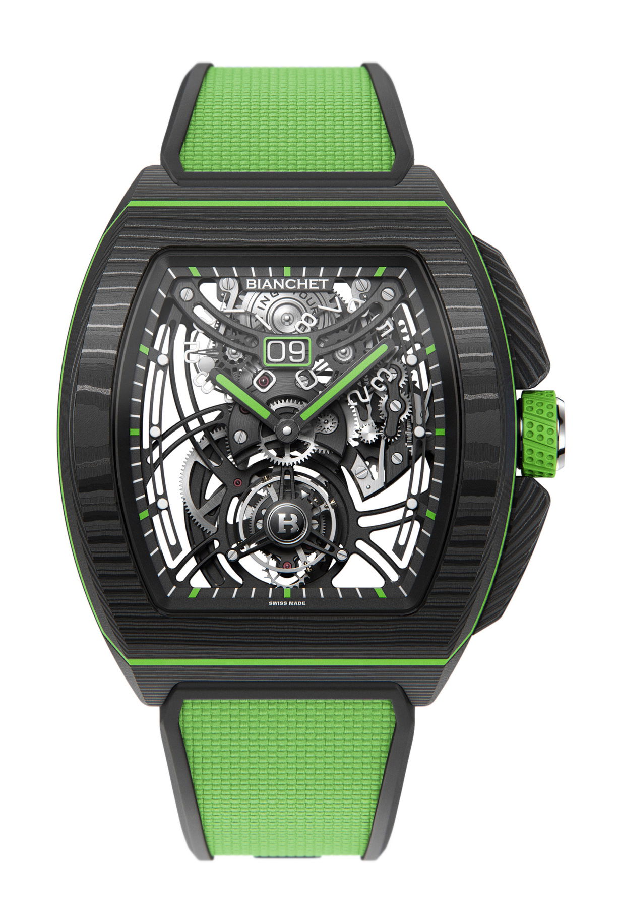 Bianchet Flying Tourbillon Grande Date B1.618 Carbon Lime luxury timepiece - detailed view