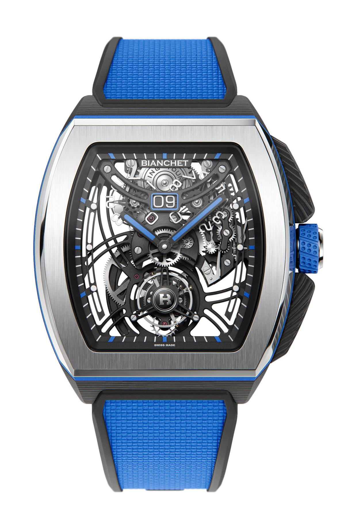Bianchet Flying Tourbillon Grande Date B1.618 Hybrid Blue luxury timepiece - detailed view