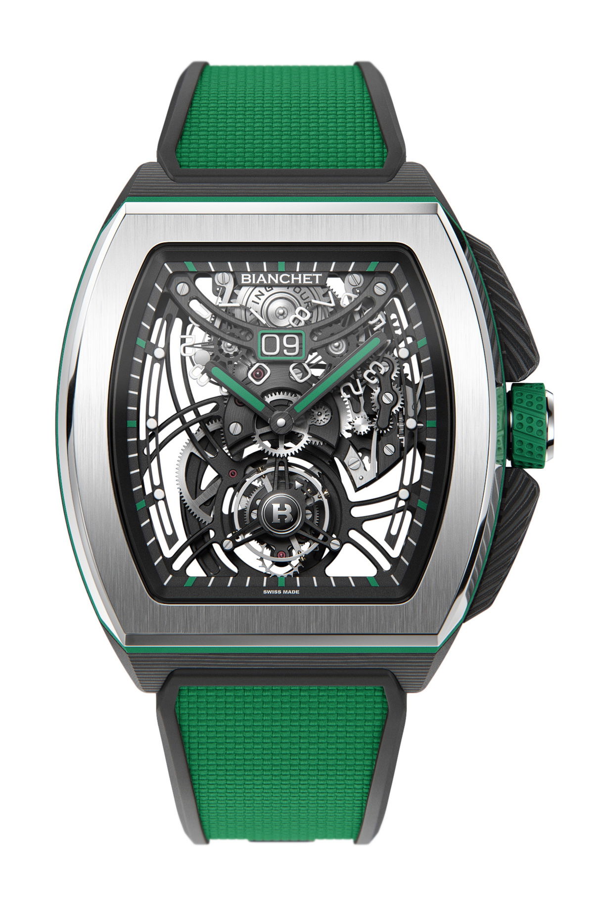 Bianchet Flying Tourbillon Grande Date B1.618 Hybrid Green luxury timepiece - detailed view