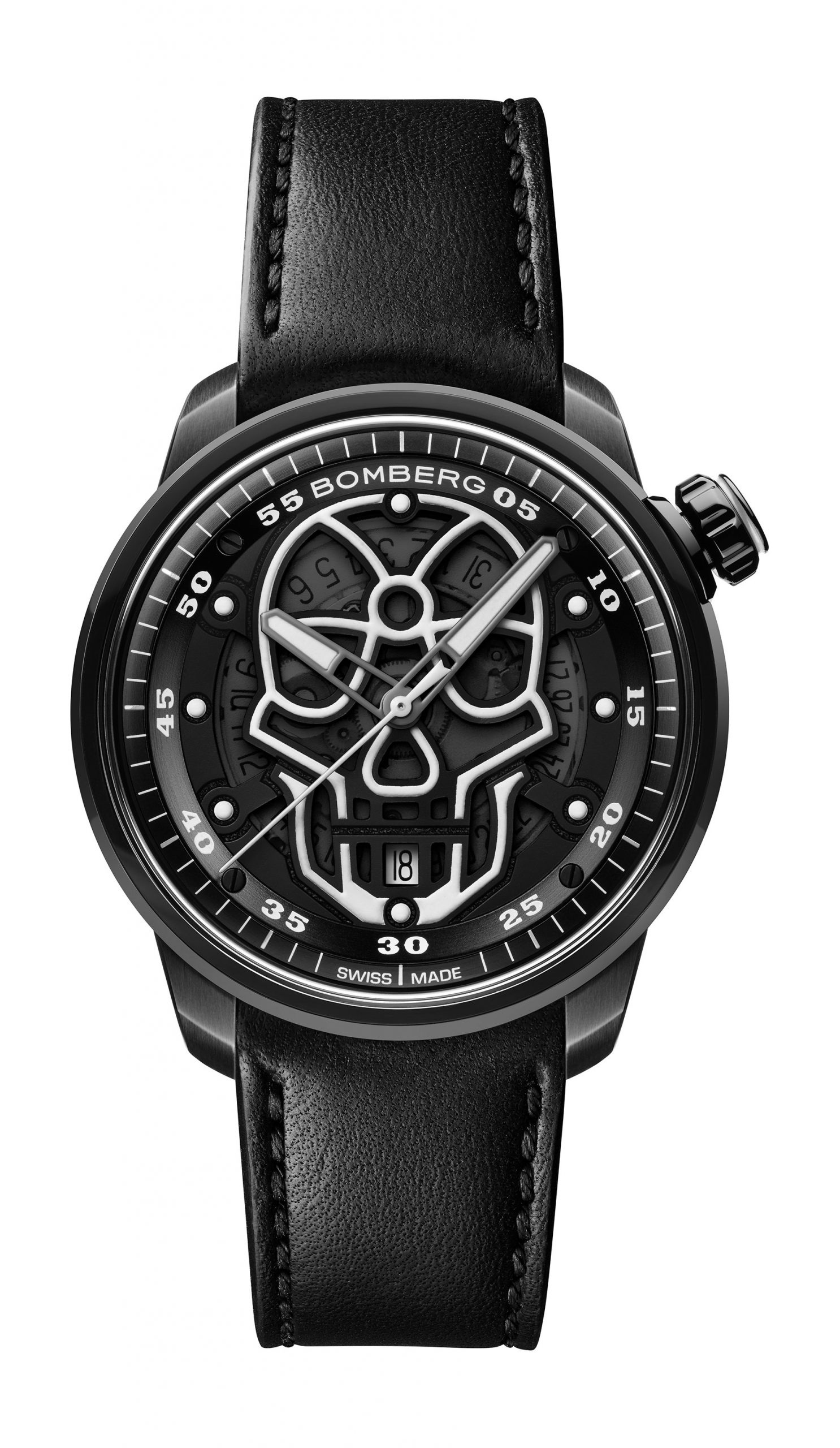 Bomberg BB-01 AUTOMATIC BLACK SKULL luxury timepiece - detailed view