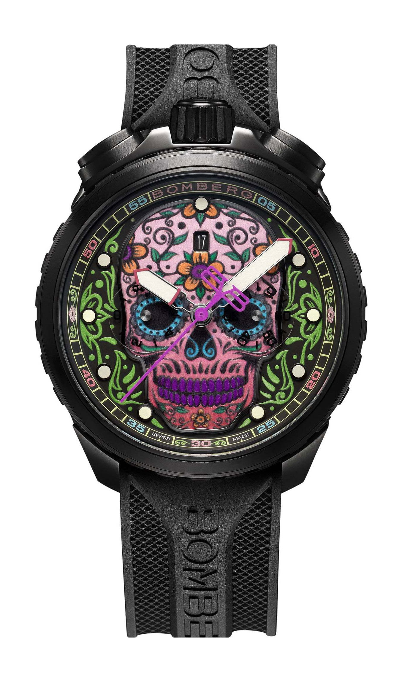 Bomberg BOLT-68 Heritage Sugar Skull Purple luxury timepiece - detailed view