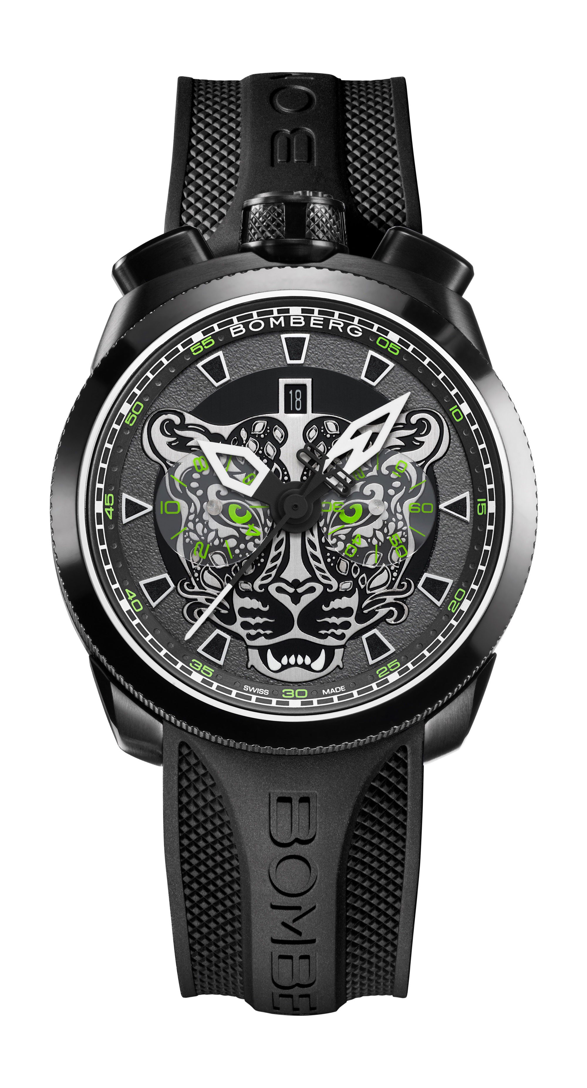 Bomberg BOLT-68 JAGUAR GREEN & BLACK SPECIAL EDITION luxury timepiece - detailed view