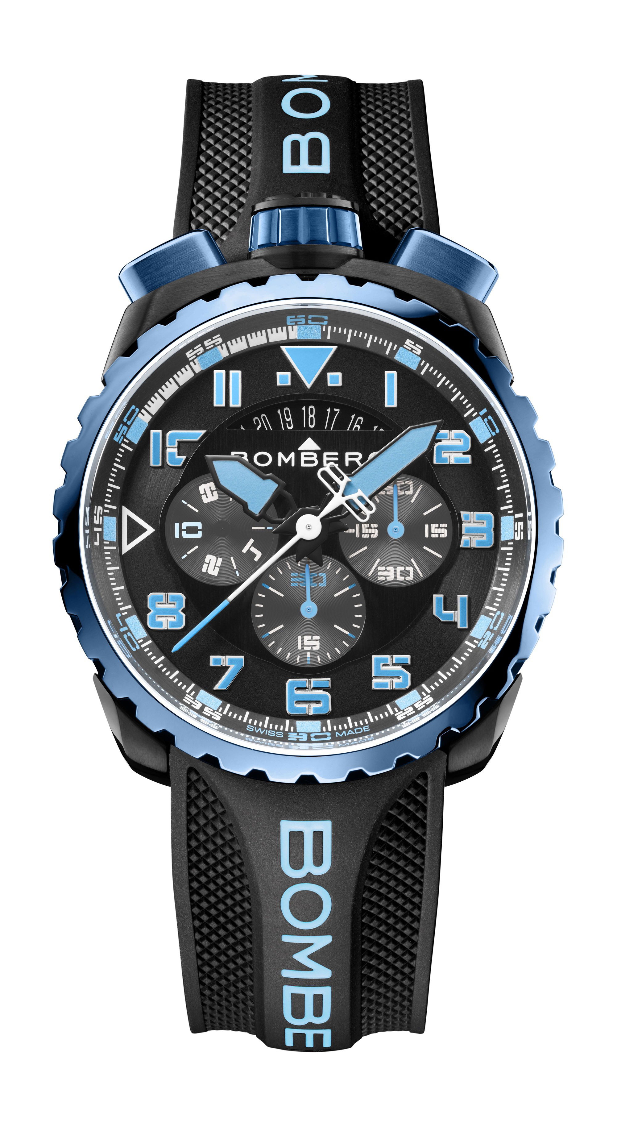 Bomberg BOLT-68 NEON-2 BLUE & BLACK SPECIAL EDITION luxury timepiece - detailed view