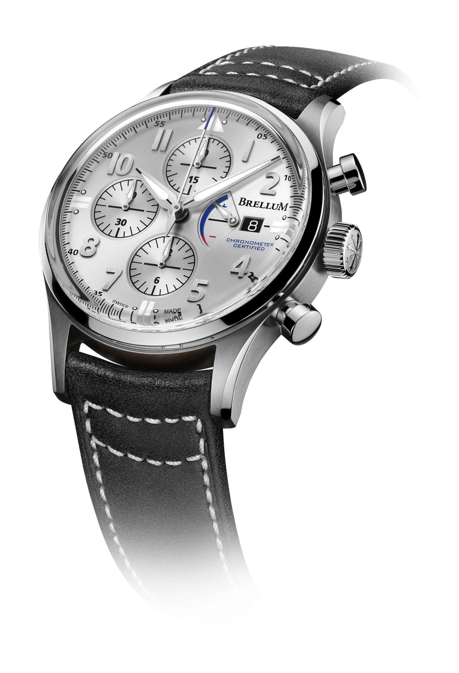 Brellum Pilot Power Reserve Silver luxury timepiece - detailed view