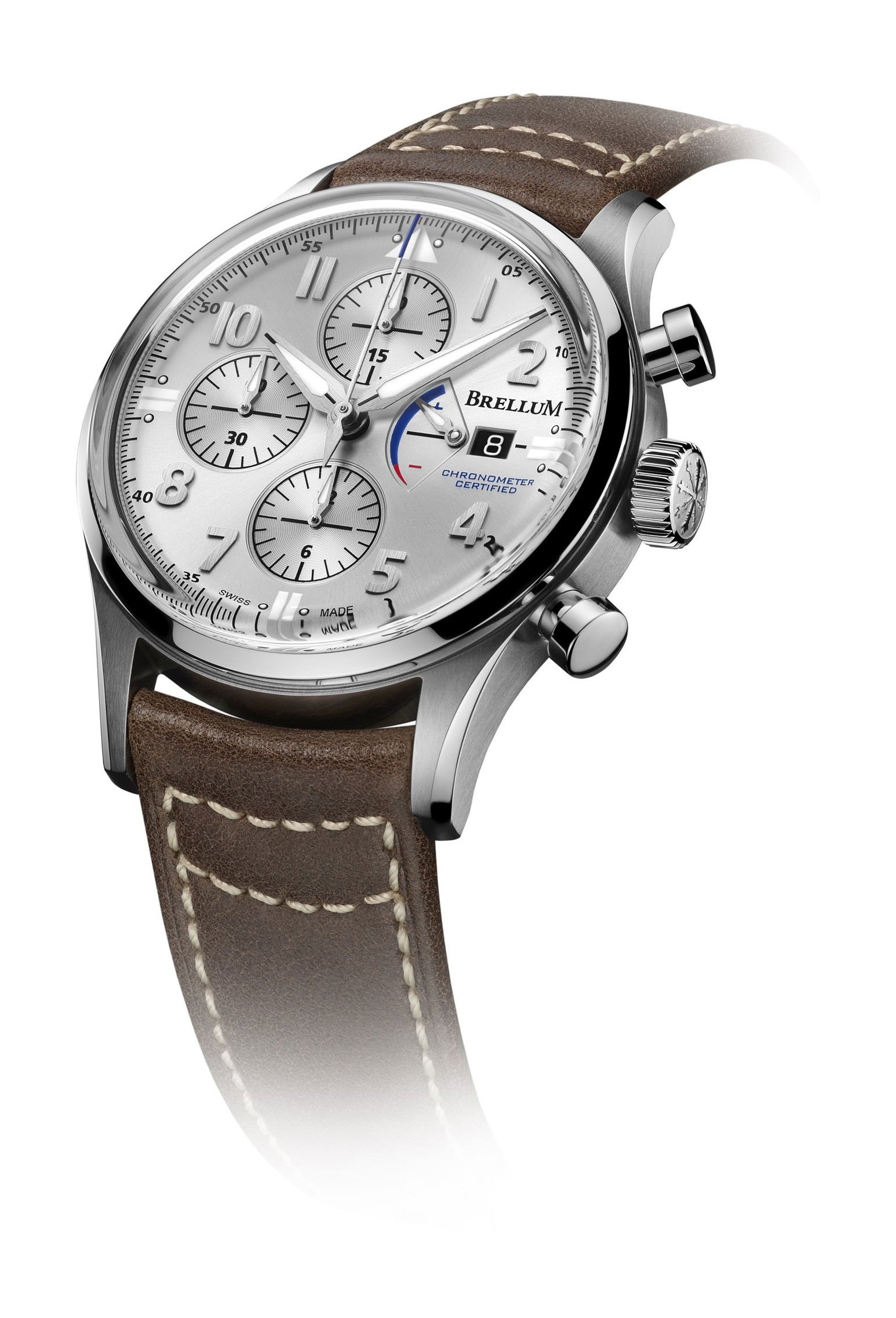 Brellum Pilot Power Reserve Silver luxury timepiece - detailed view