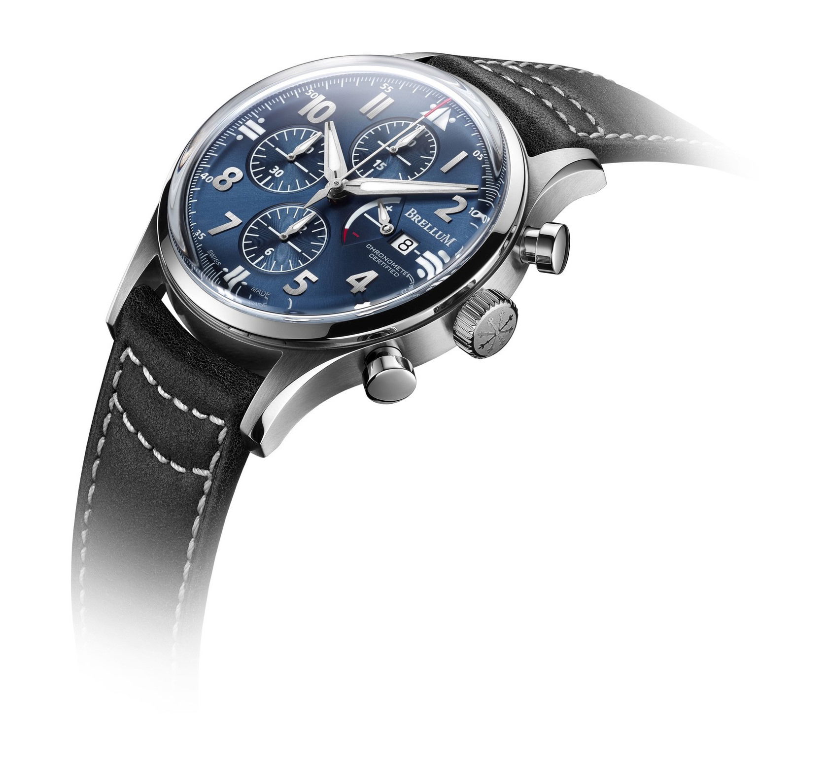 Brellum Pilot Power Reserve Blue luxury timepiece - detailed view