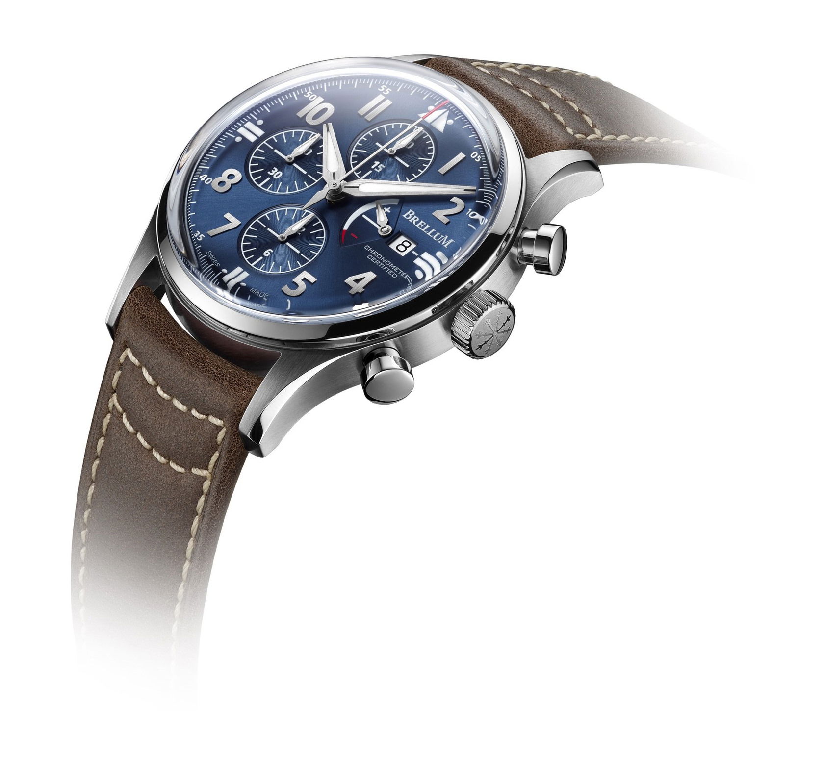 Brellum Pilot Power Reserve Blue luxury timepiece - detailed view