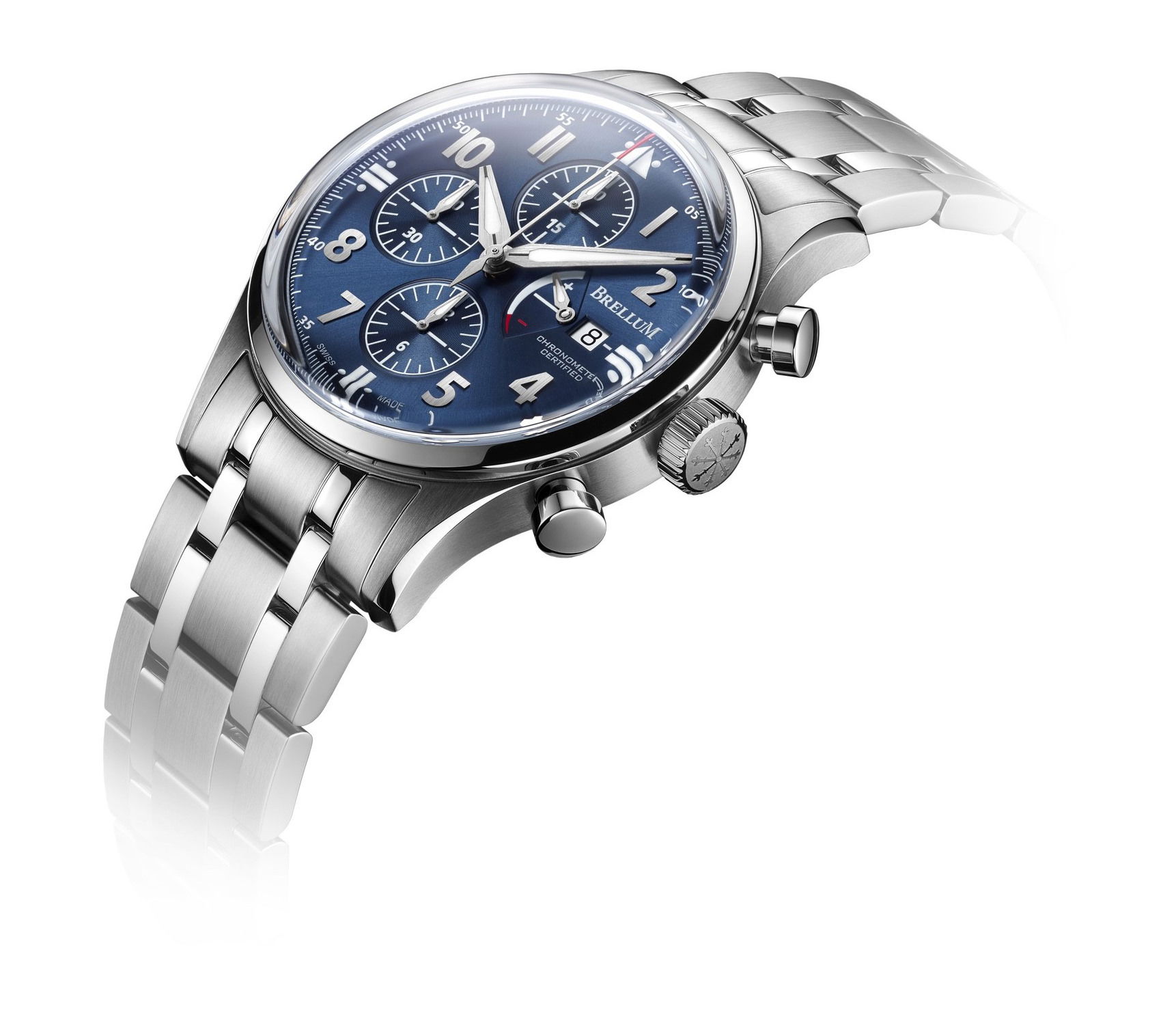 Brellum Pilot Power Reserve Blue luxury timepiece - detailed view