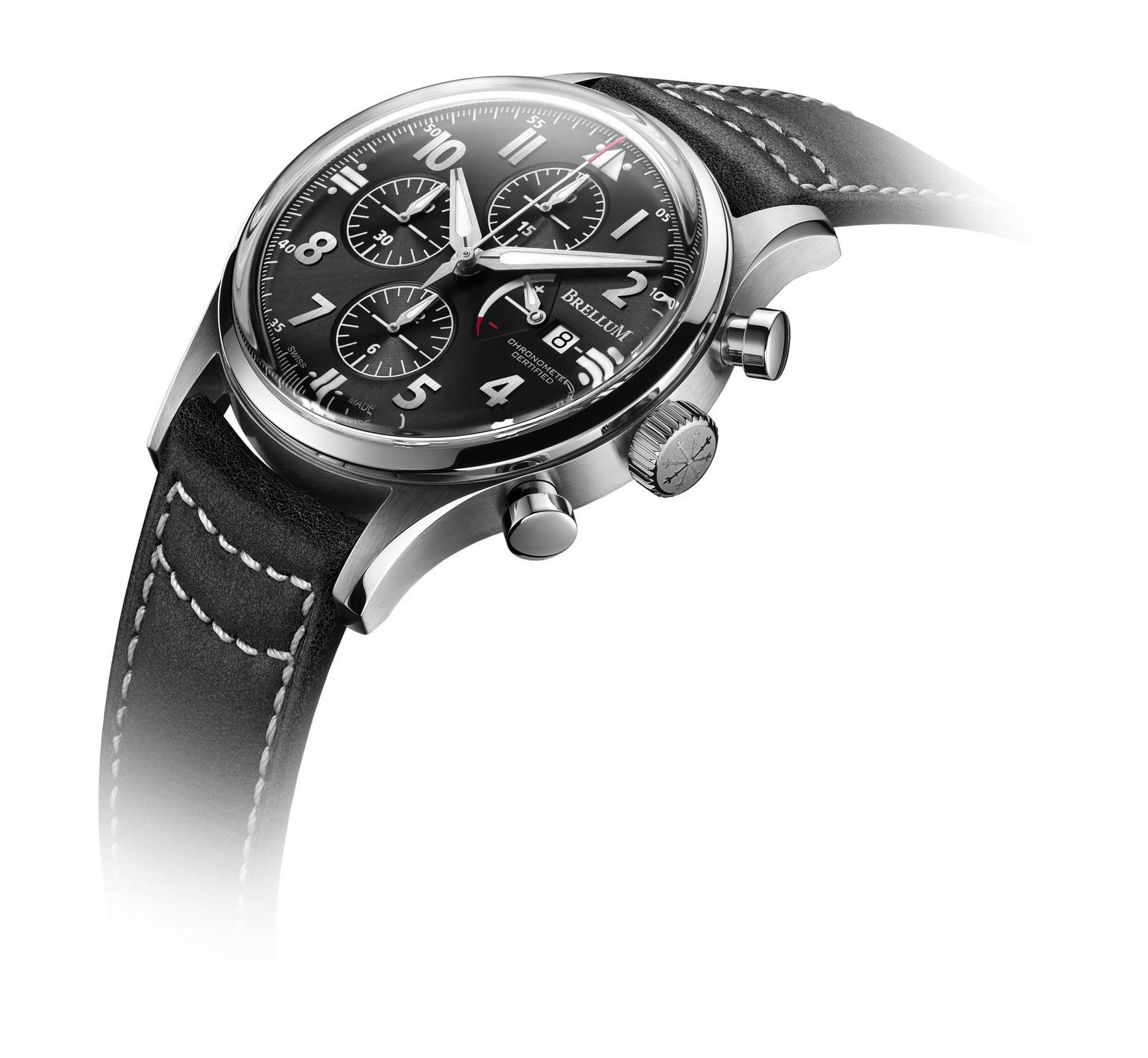 Brellum Pilot Power Reserve Black luxury timepiece - detailed view