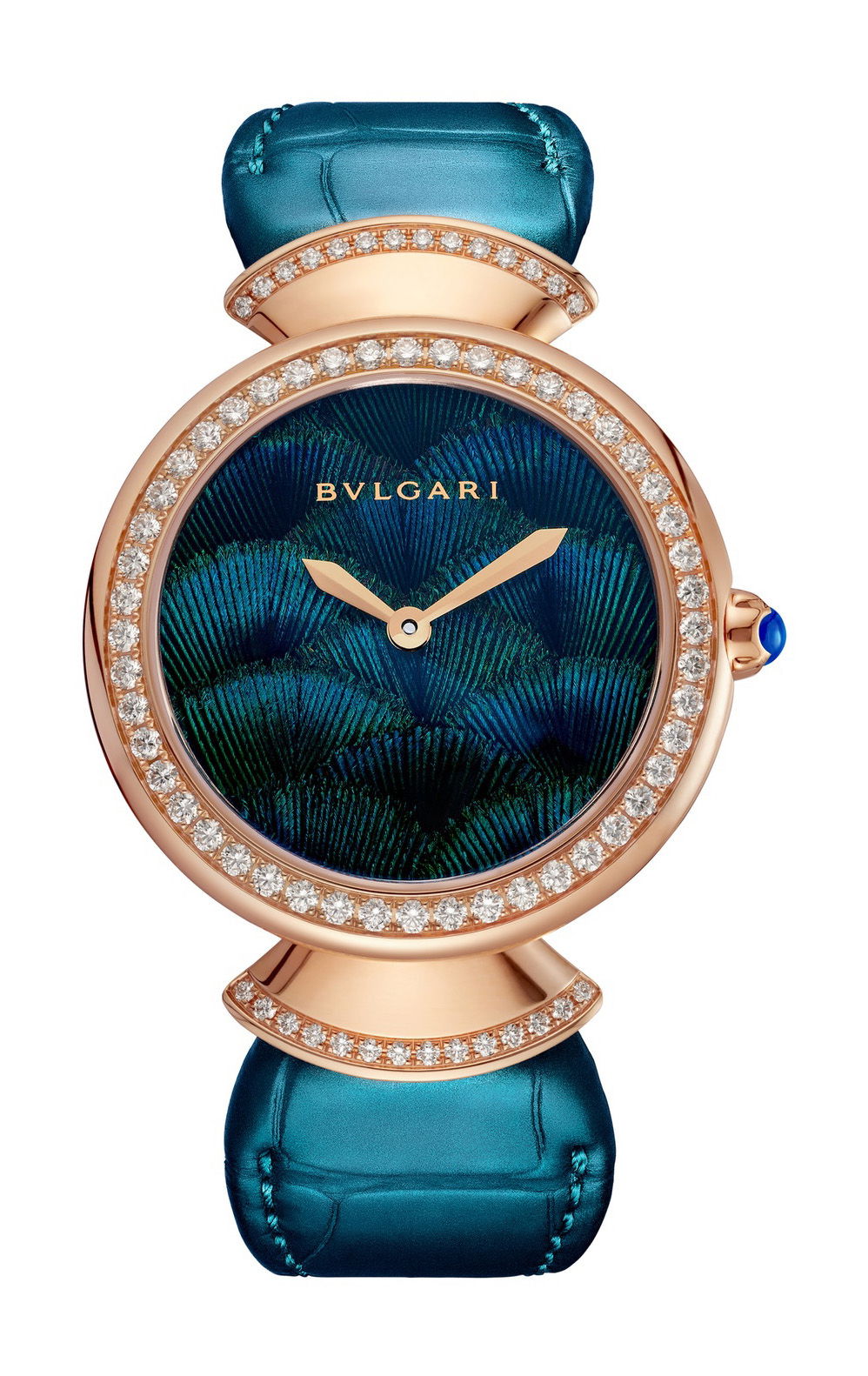 Bvlgari Divas’ Dream Peacock Feather Marquetry luxury timepiece - detailed view
