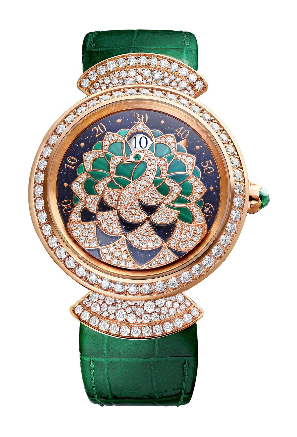 Bvlgari Divas’ Dream Peacock Precious Marquetry Jumping Hour luxury timepiece - detailed view