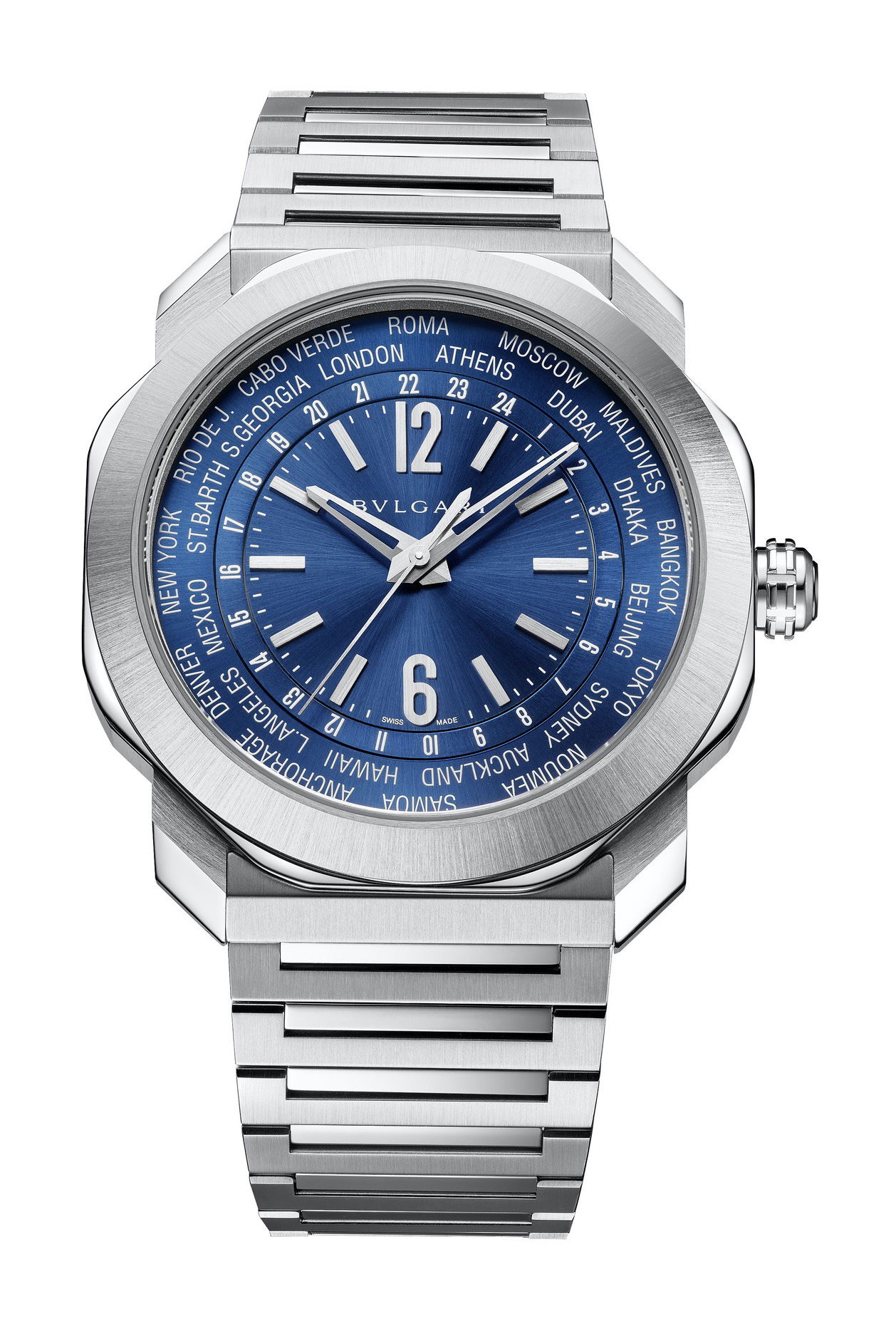 Bvlgari Octo Roma Worldtimer Steel luxury timepiece - detailed view