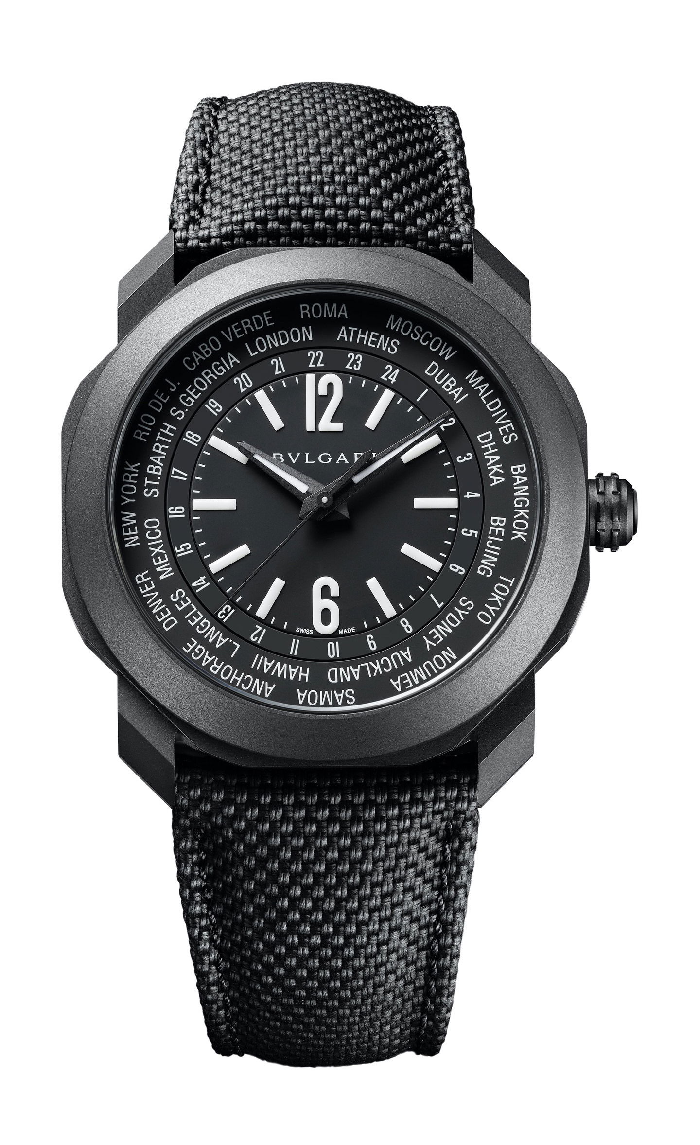 Bvlgari Octo Roma Worldtimer Steel D.L.C. luxury timepiece - detailed view
