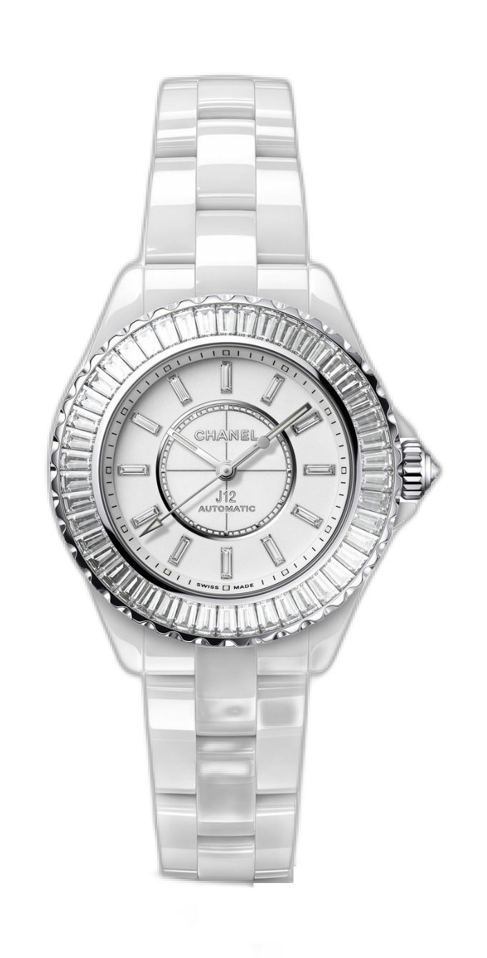 Chanel J12 Baguette Diamond Bezel luxury timepiece - detailed view