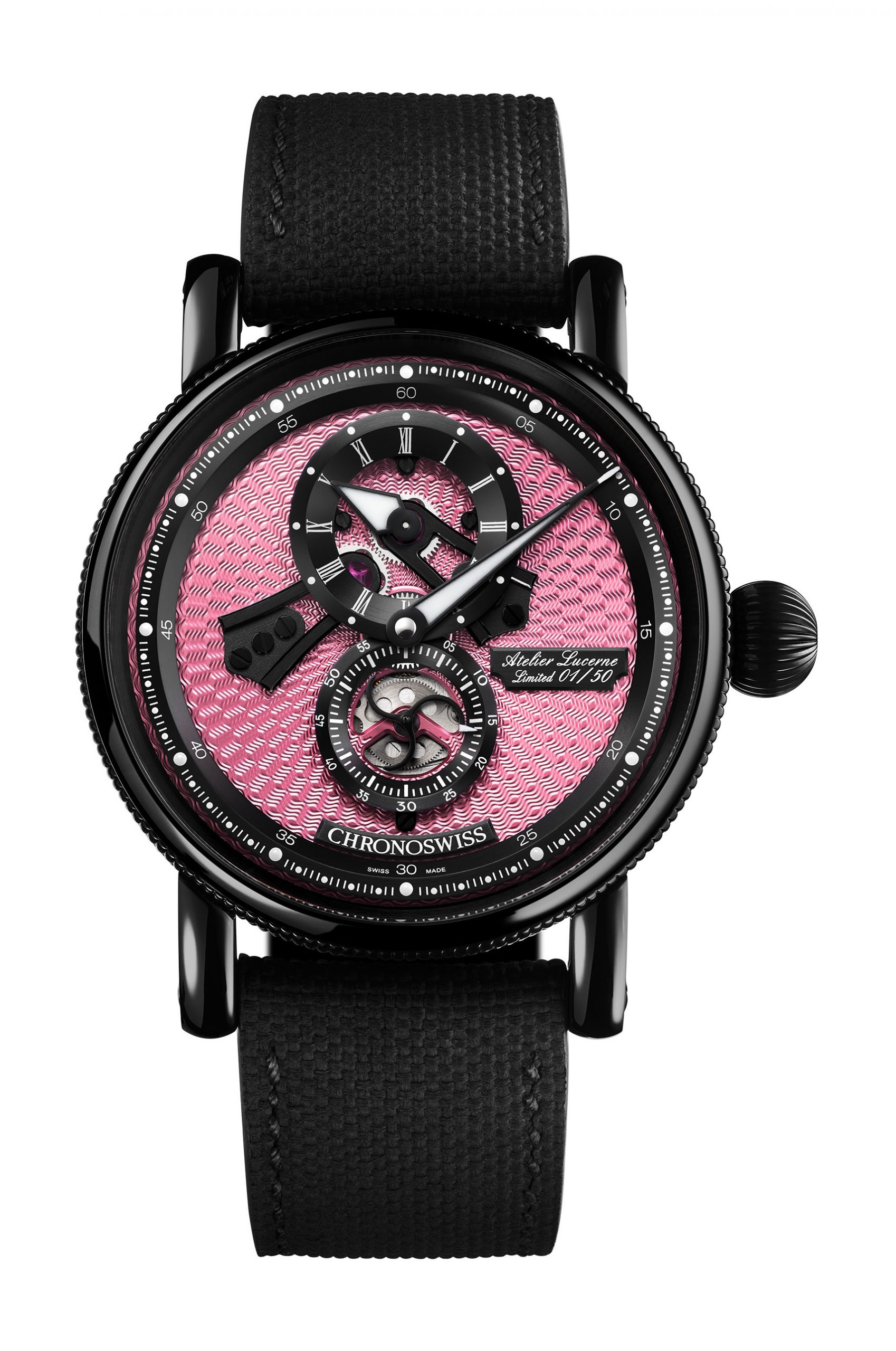 Chronoswiss Flying Regulator Open Gear Pink Panther luxury timepiece - detailed view
