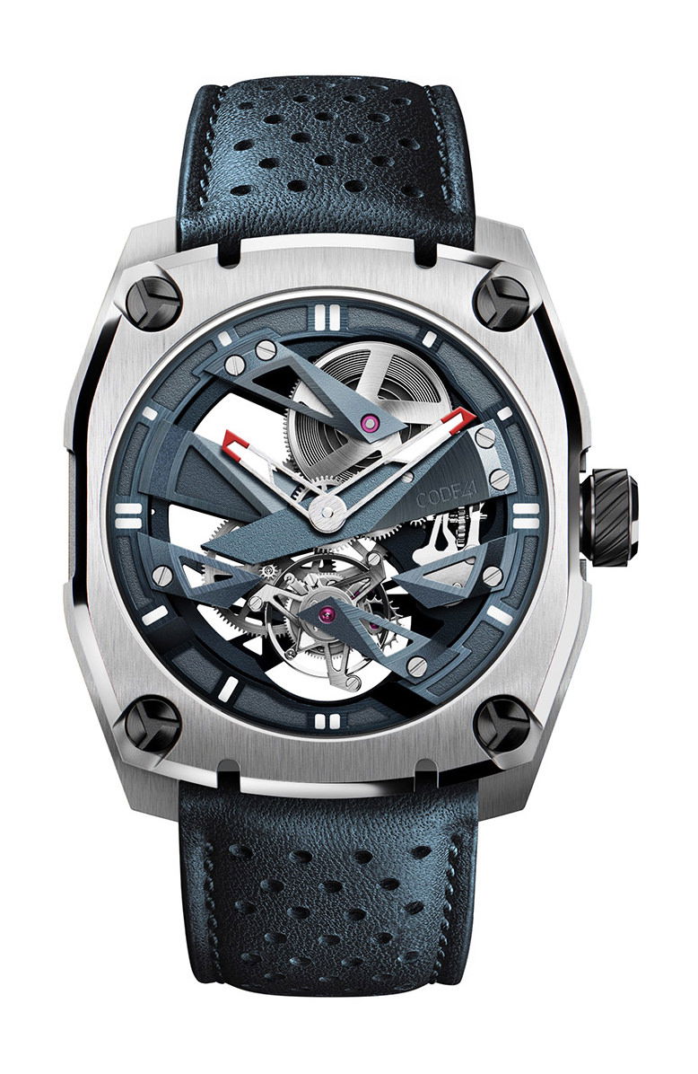 CODE41 T360 Tourbillon Stratom Blue, Grey & Red luxury timepiece - detailed view