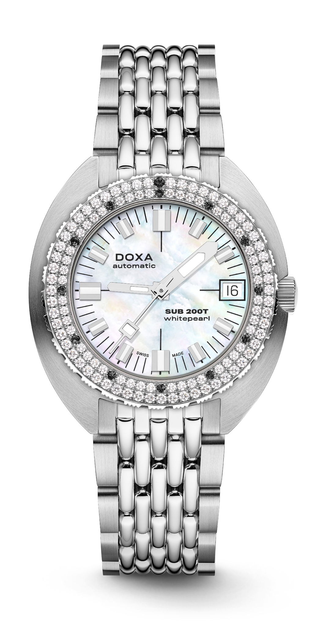Doxa SUB 200T Diamonds Whitepearl luxury timepiece - detailed view