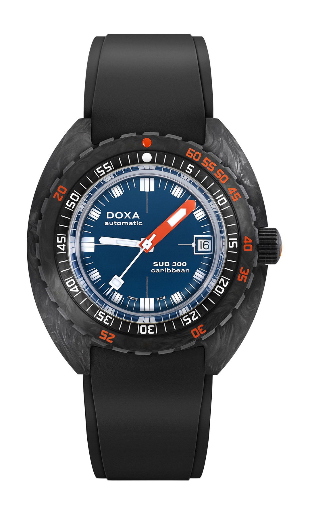 Doxa SUB 300 carbon COSC Caribbean luxury timepiece - detailed view