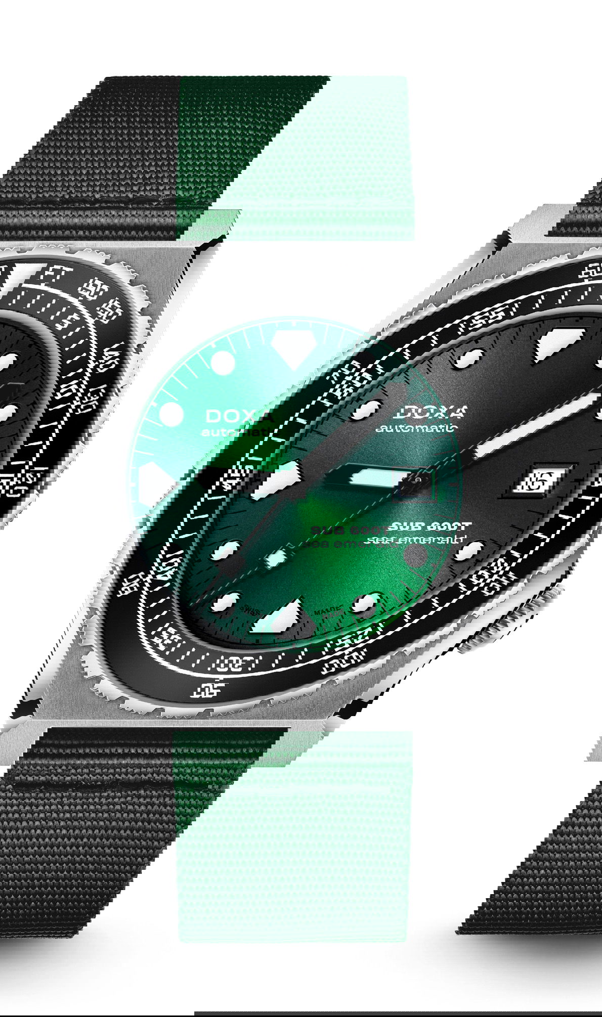 Doxa SUB 600T Sea Emerald Ceramic Bezel luxury timepiece - detailed view