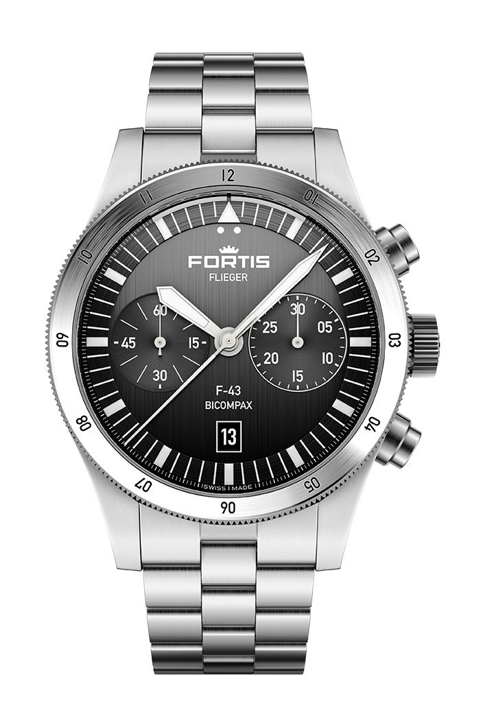 Fortis Flieger F-43 Bicompax Black luxury timepiece - detailed view