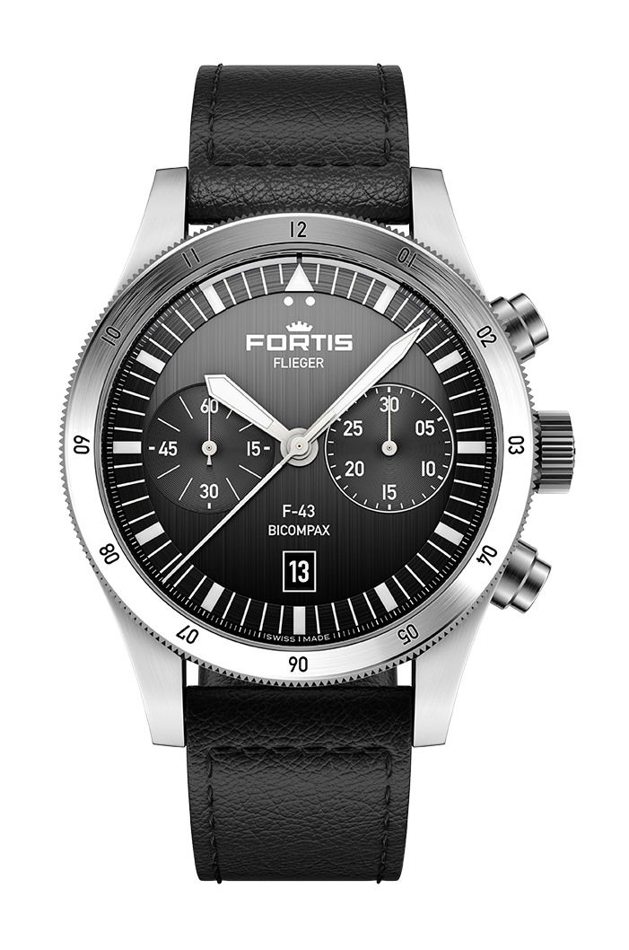 Fortis Flieger F-43 Bicompax Black luxury timepiece - detailed view