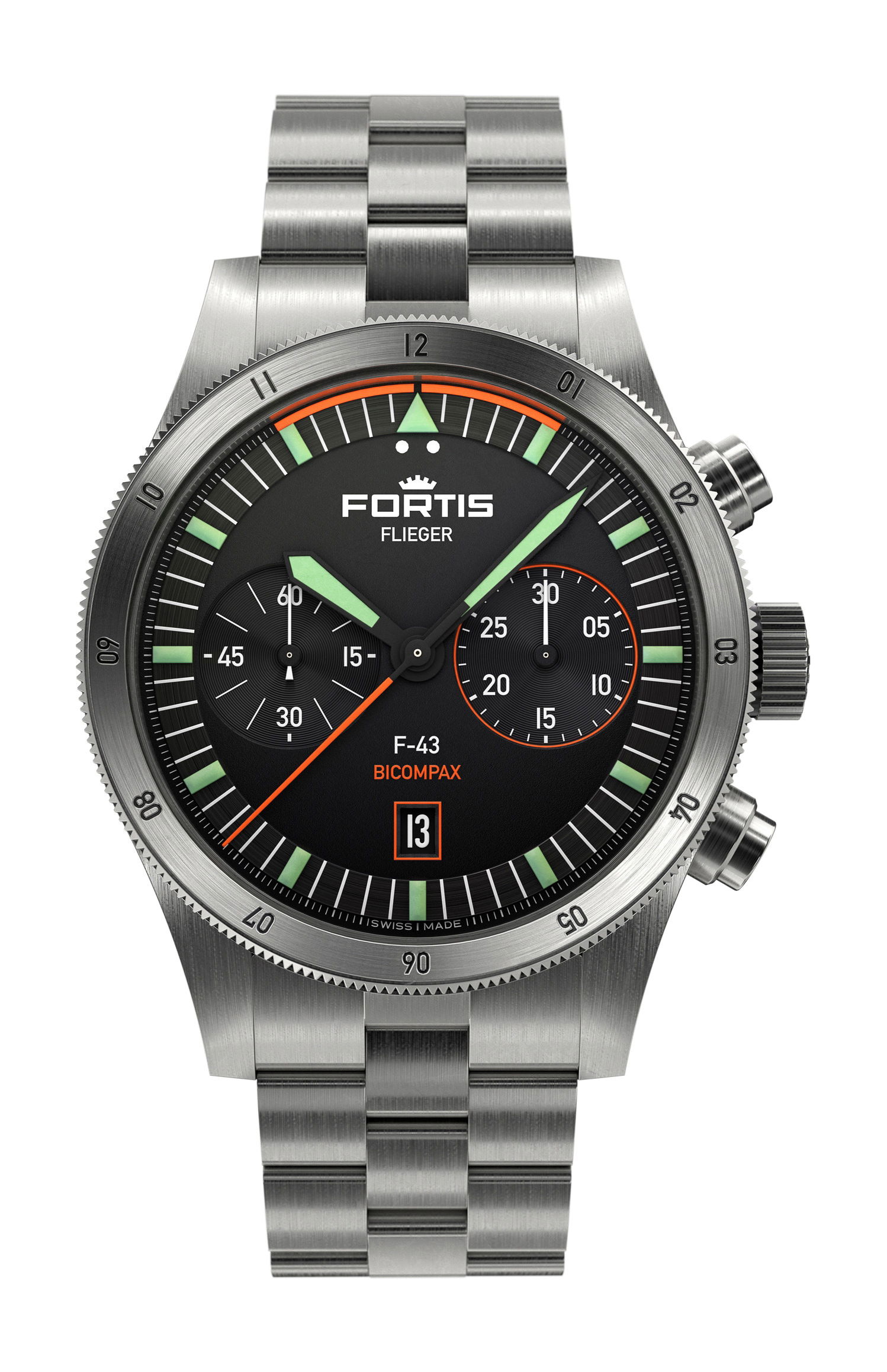 Fortis Flieger F-43 Bicompax luxury timepiece - detailed view