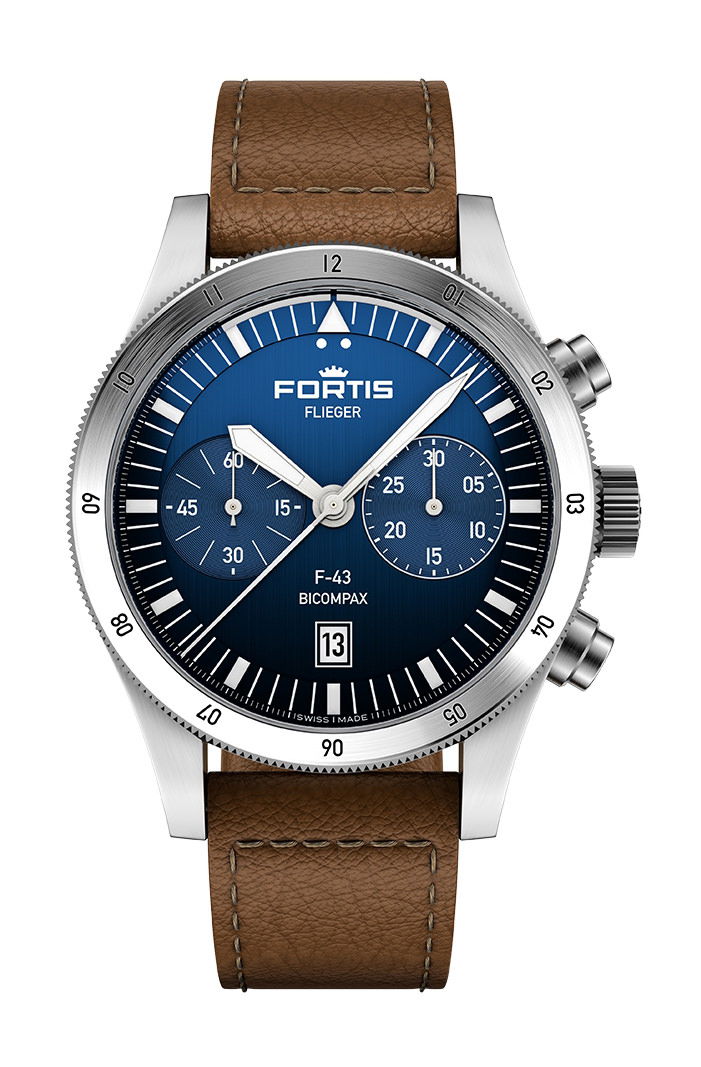 Fortis Flieger F-43 Bicompax Liberty Blue luxury timepiece - detailed view