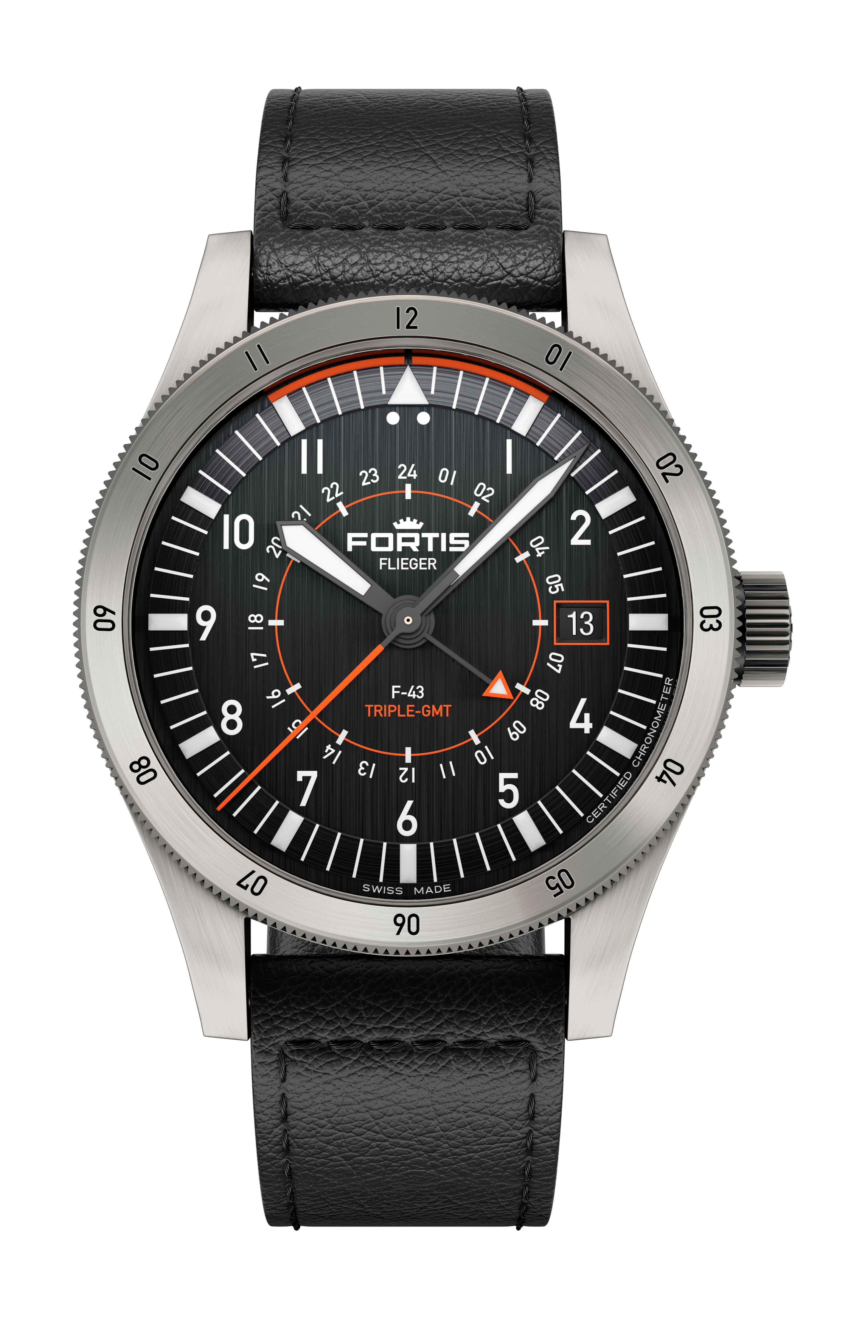 Fortis Flieger F-43 Triple GMT Titanium Black luxury timepiece - detailed view