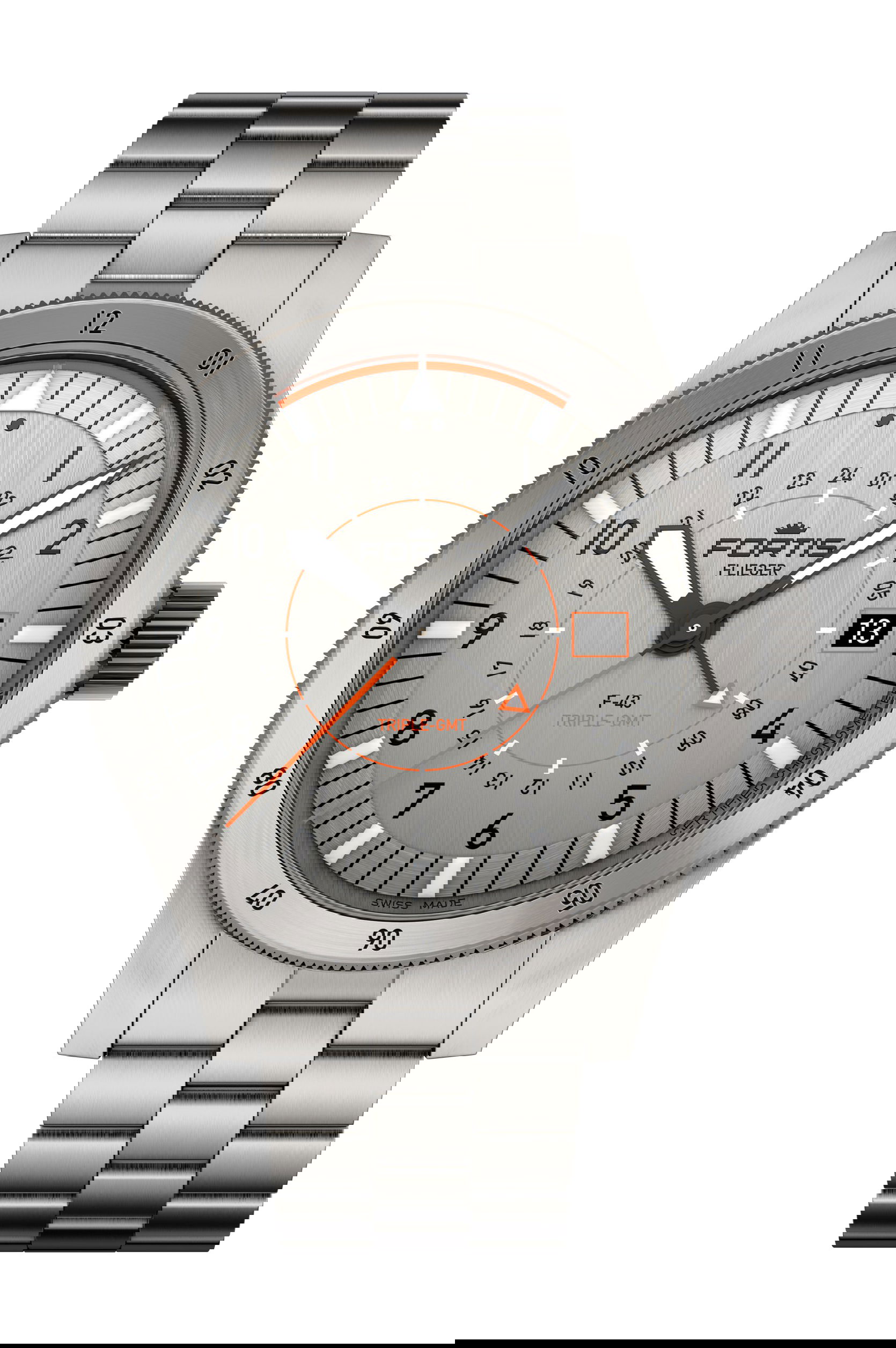 Fortis Flieger F-43 Triple GMT Titanium Orange luxury timepiece - detailed view