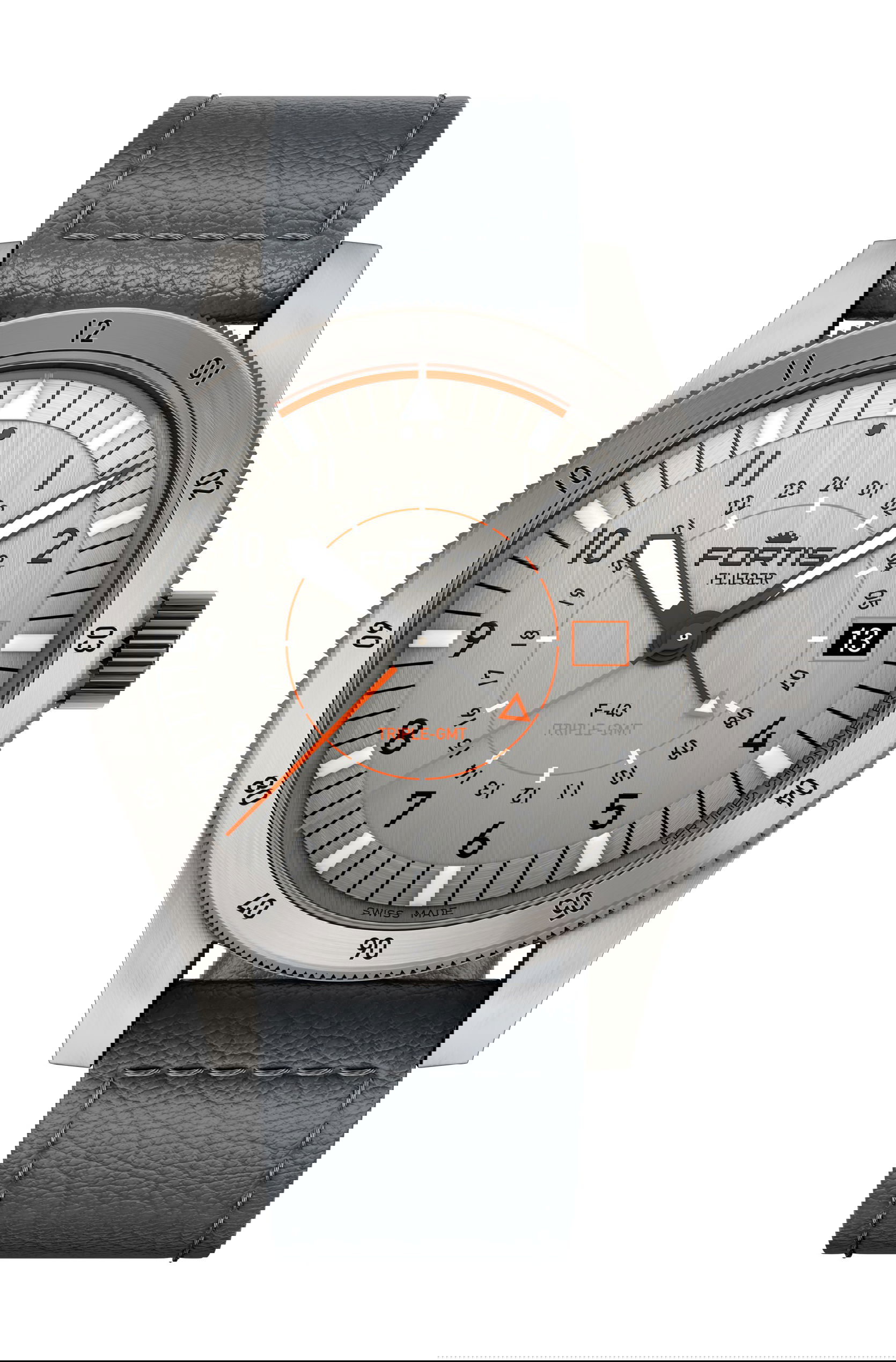 Fortis Flieger F-43 Triple GMT Titanium Orange luxury timepiece - detailed view