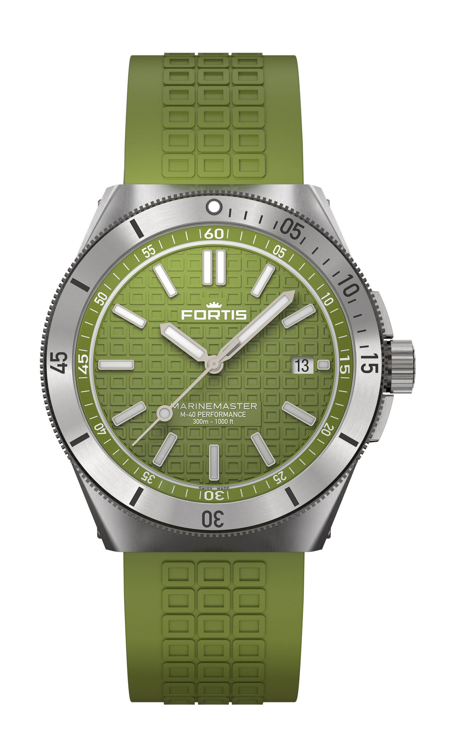 Fortis Marinemaster M-40 Woodpecker Green luxury timepiece - detailed view