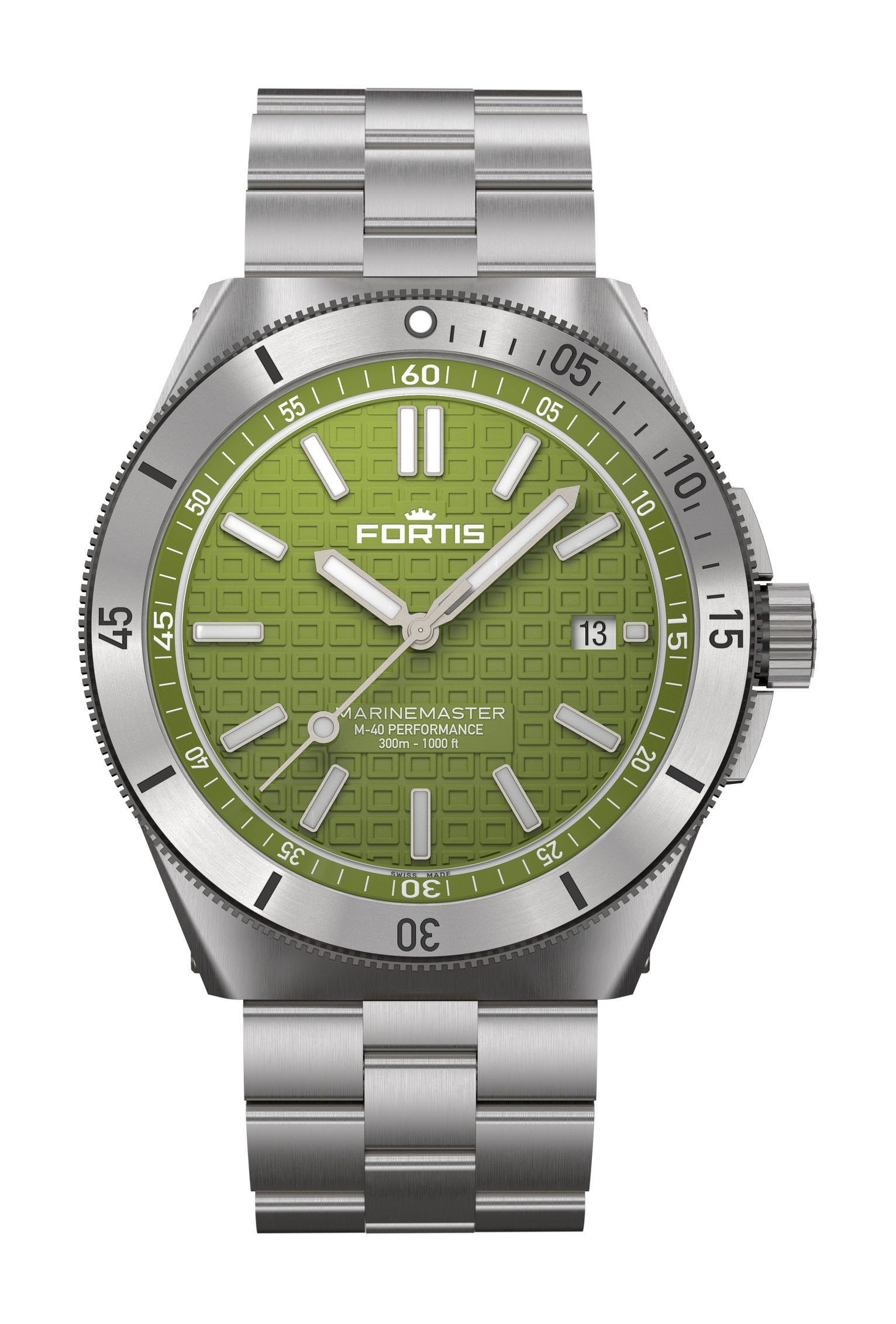 Fortis Marinemaster M-40 Woodpecker Green luxury timepiece - detailed view