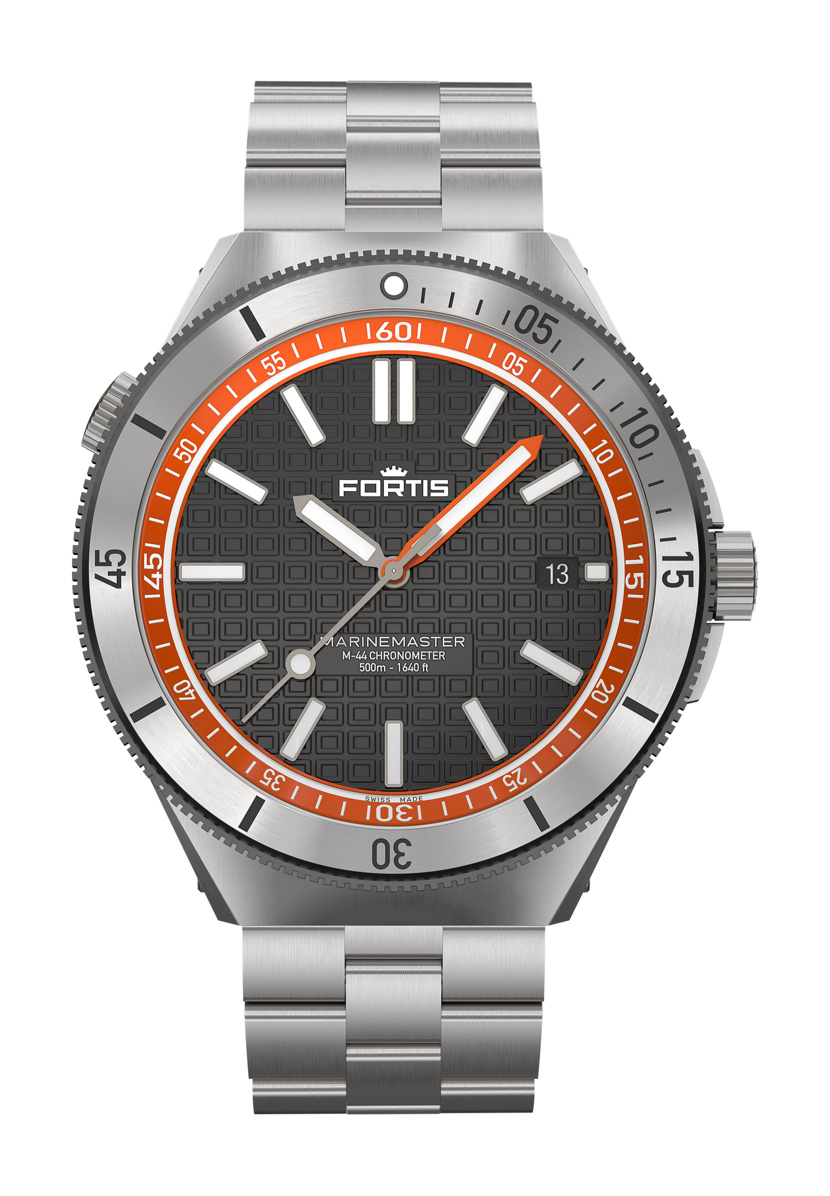 Fortis Marinemaster M-44 Amber Orange luxury timepiece - detailed view