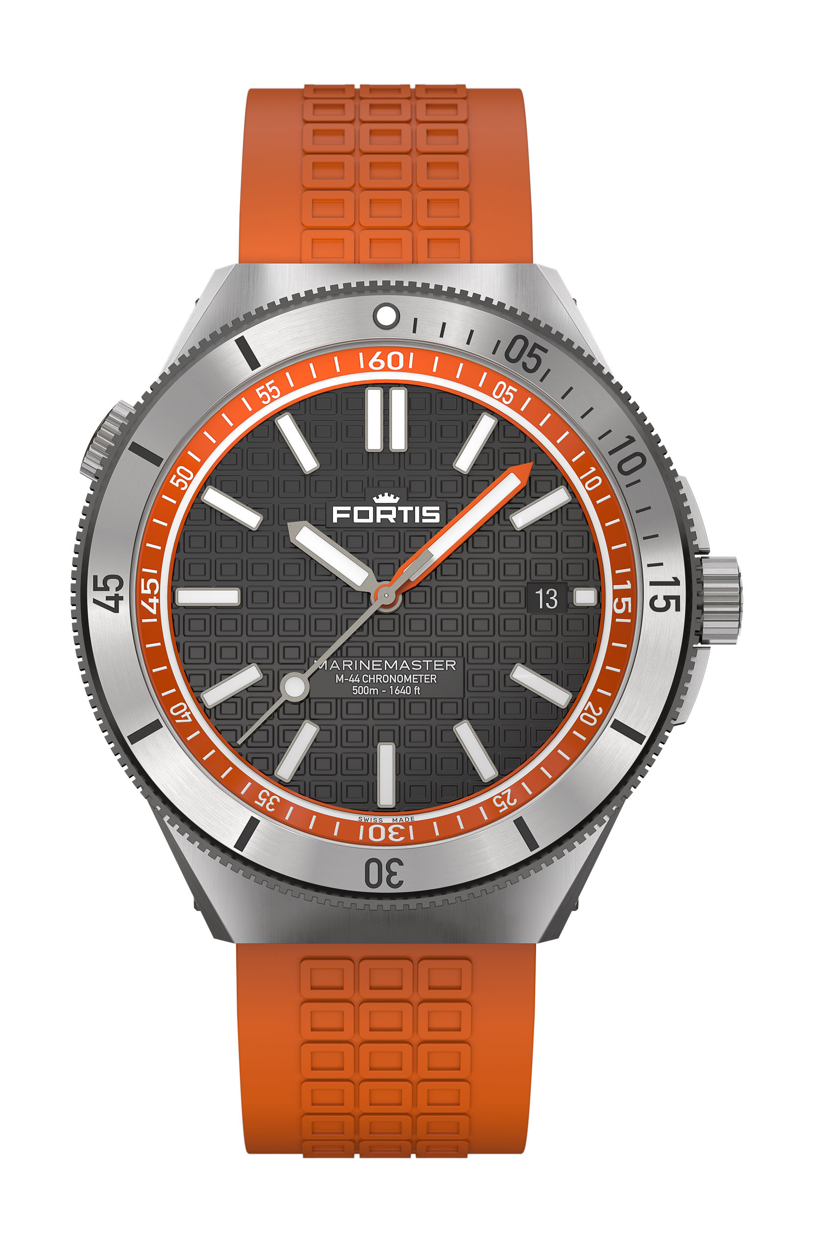 Fortis Marinemaster M-44 Amber Orange luxury timepiece - detailed view