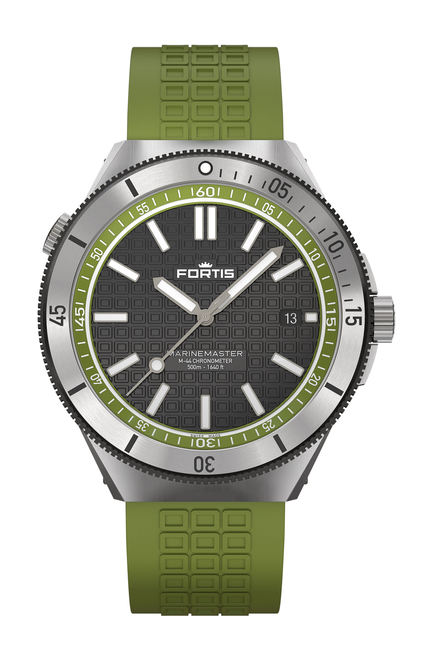 Fortis Marinemaster M-44 Woodpecker Green luxury timepiece - detailed view