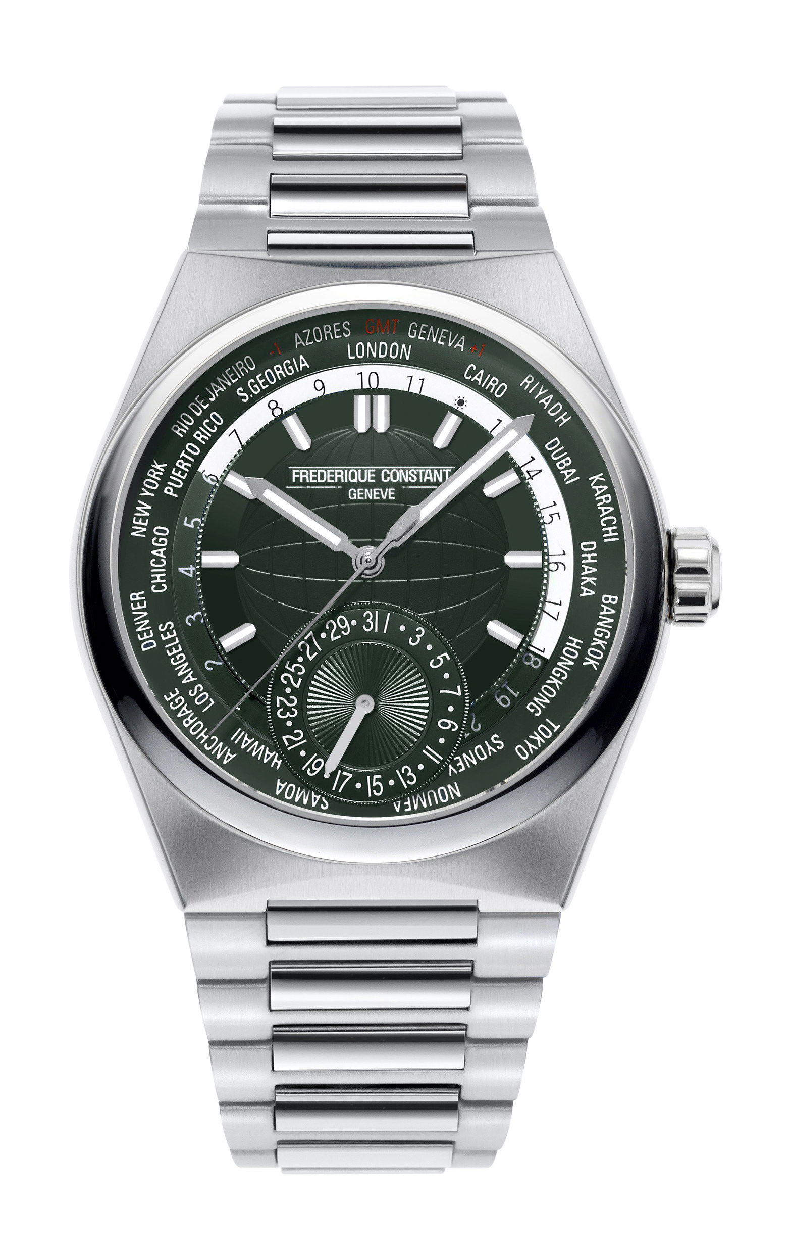 Frederique Constant Highlife Worldtimer Manufacture Emerald luxury timepiece - detailed view