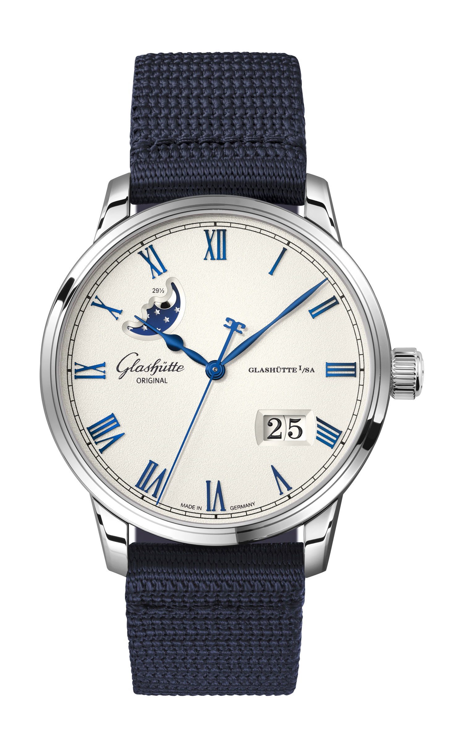 Glashütte Original Senator Excellence Panorama Date Moon Phase Frosted Silver luxury timepiece - detailed view