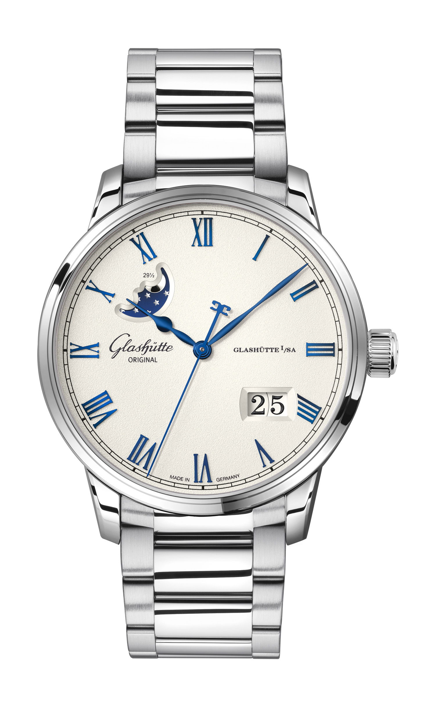 Glashütte Original Senator Excellence Panorama Date Moon Phase Frosted Silver luxury timepiece - detailed view