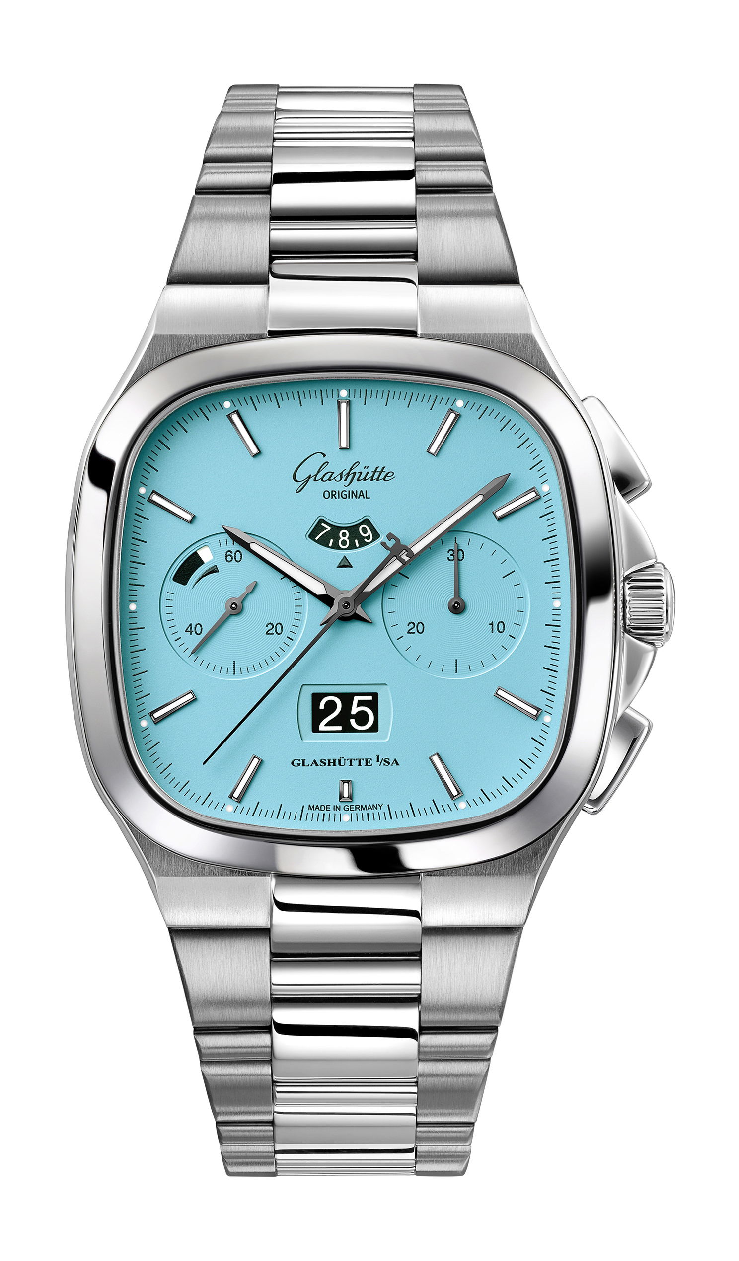 Glashütte Original Seventies Chronograph Panorama Date “Disco Blue” luxury timepiece - detailed view