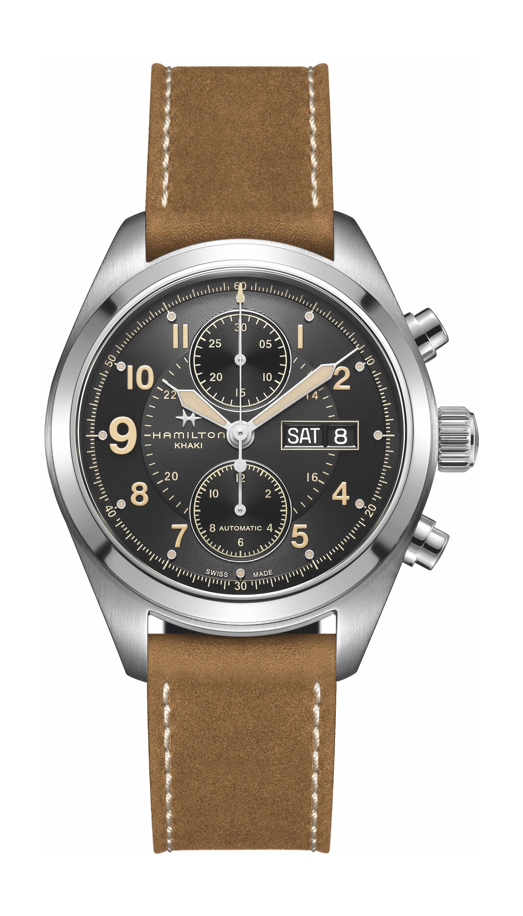 Hamilton Khaki Field Auto Chrono 42mm noir PVD noir luxury timepiece - detailed view