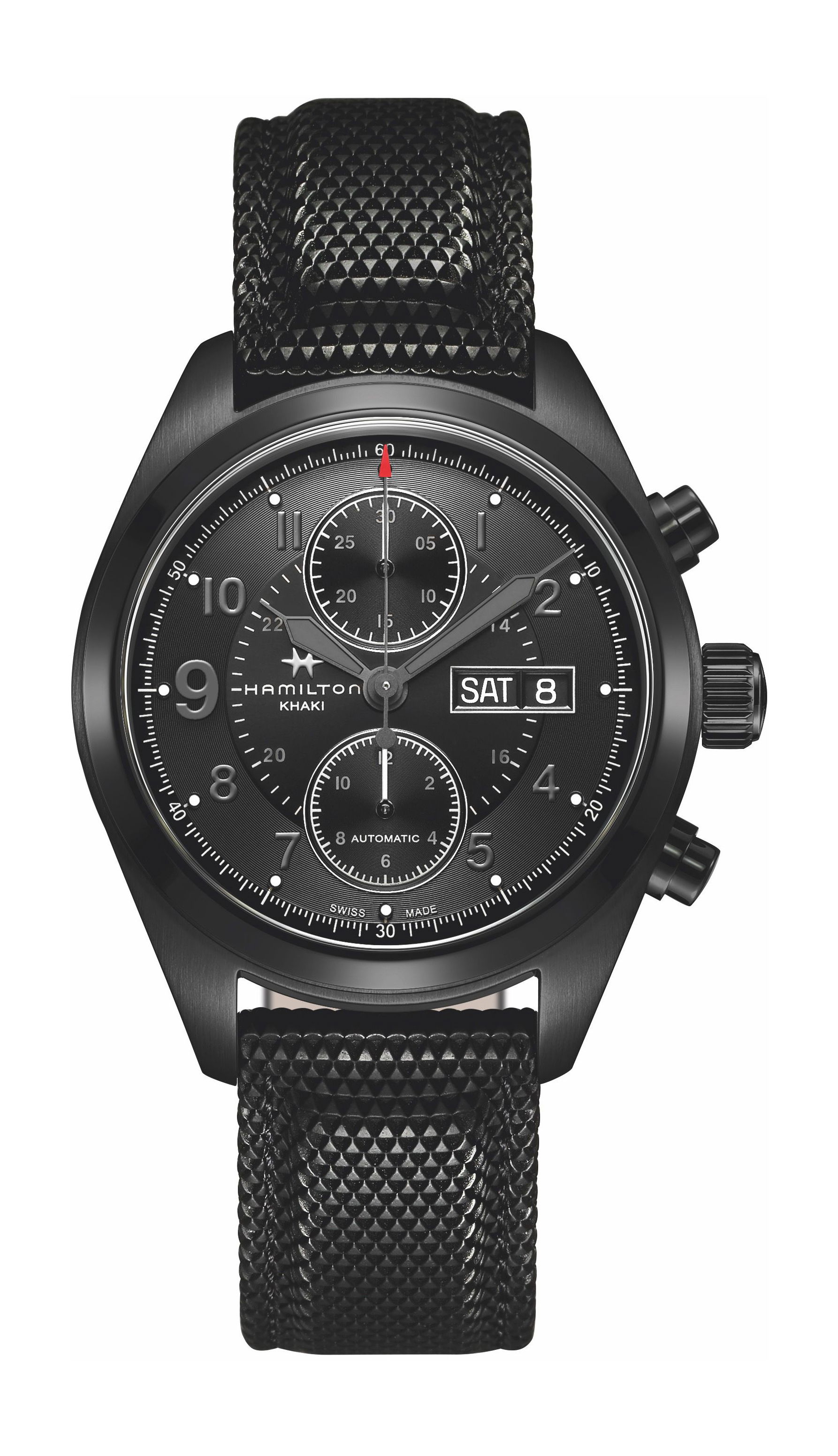 Hamilton Khaki Field Auto Chrono 42mm noir PVD noir luxury timepiece - detailed view