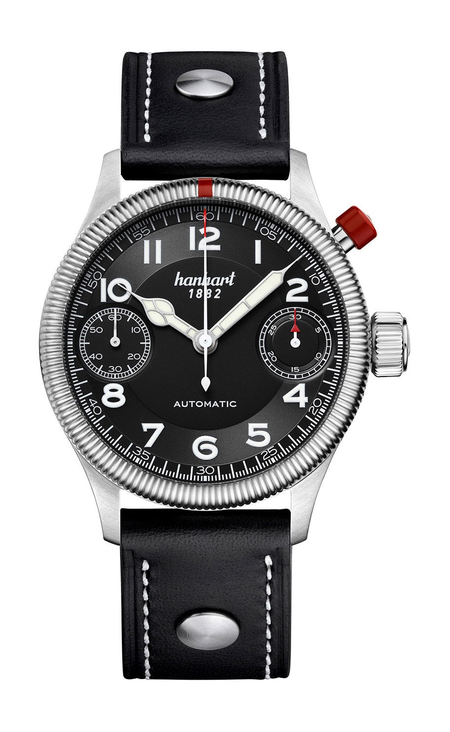 Hanhart PIONEER MonoScope Black, Fluted Bezel luxury timepiece - detailed view