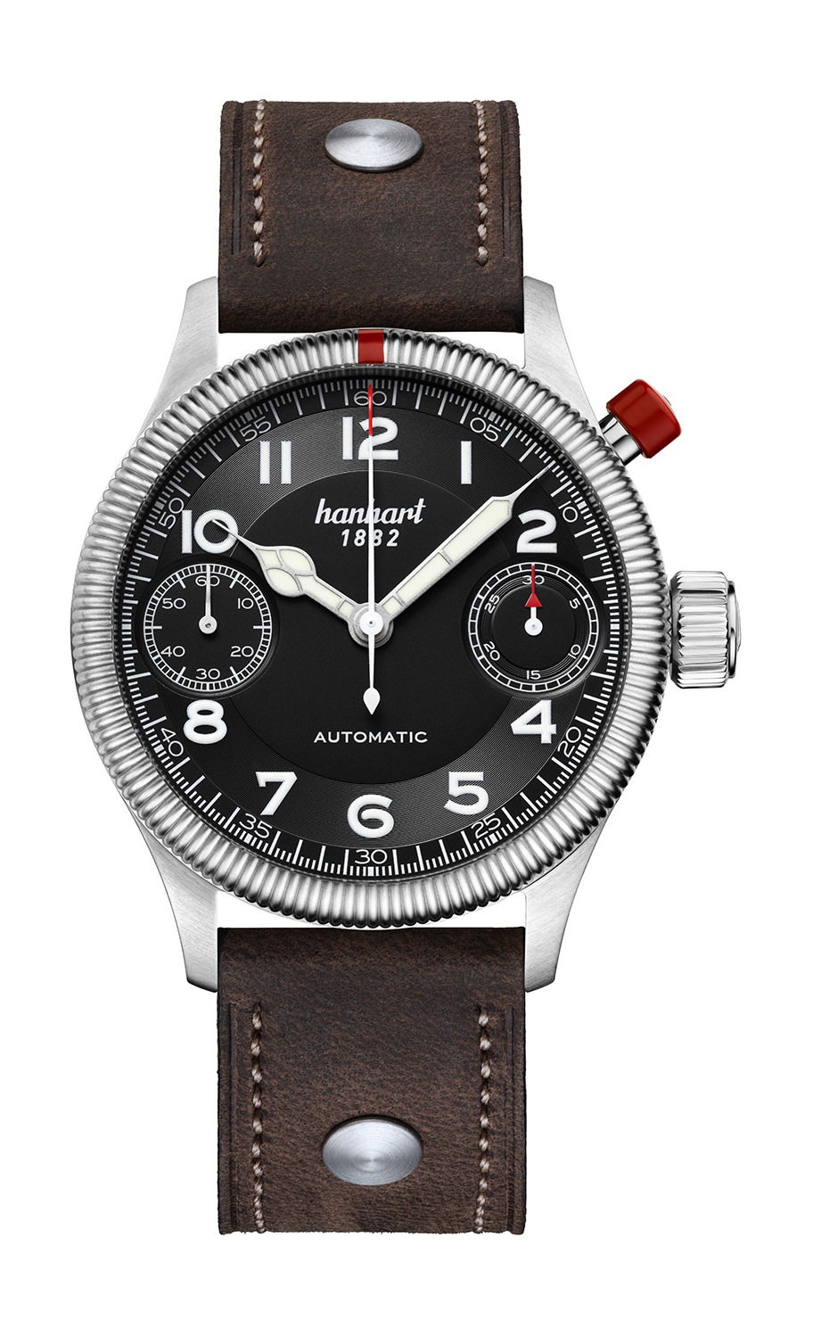 Hanhart PIONEER MonoScope Black, Fluted Bezel luxury timepiece - detailed view